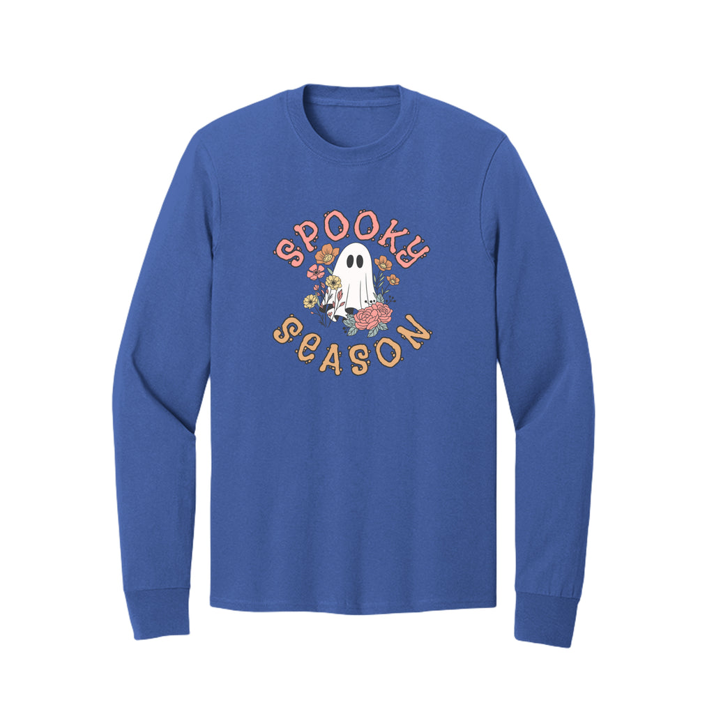 Front view of a blue long-sleeve T-shirt showing Spooky Season lettering around a white ghost surrounded by pink, orange, and yellow flowers.
