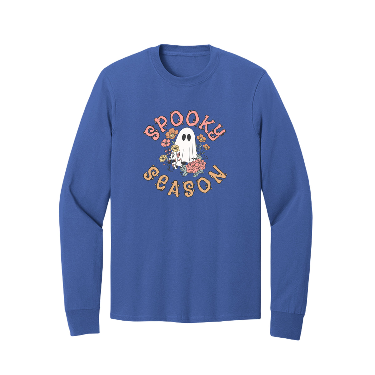 Front view of a blue long-sleeve T-shirt showing Spooky Season lettering around a white ghost surrounded by pink, orange, and yellow flowers.