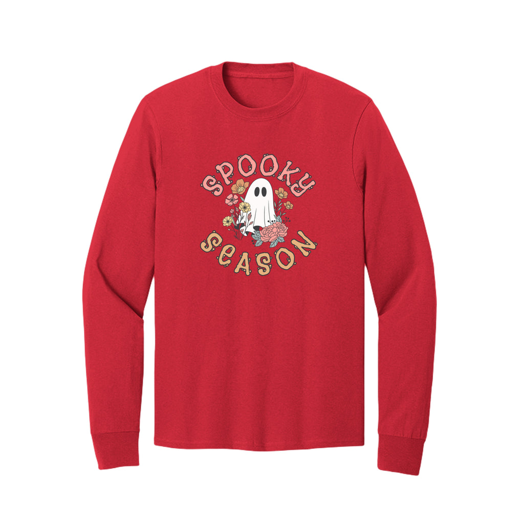 Front view of a red long-sleeve T-shirt showing Spooky Season lettering around a white ghost surrounded by pink, orange, and yellow flowers.