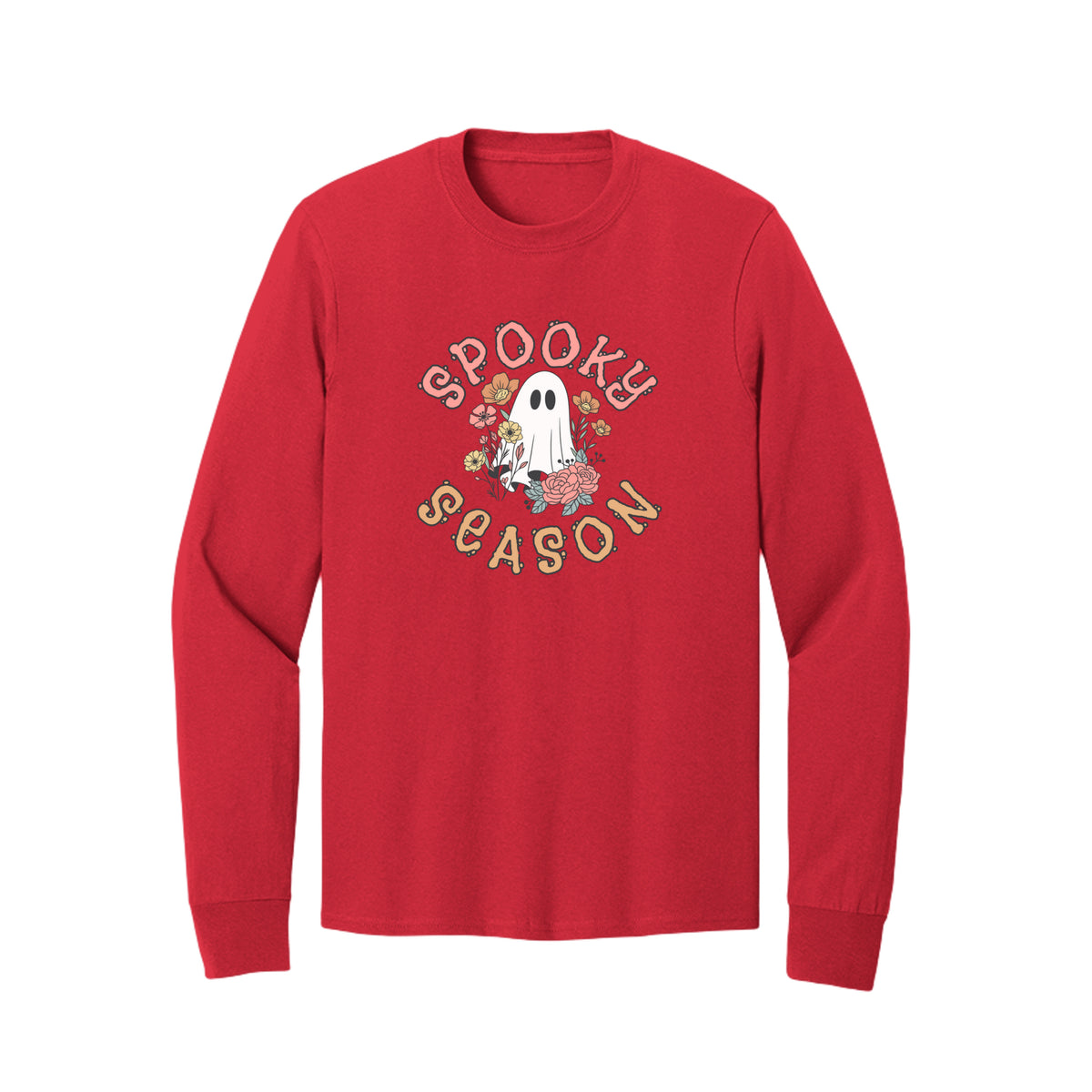 Front view of a red long-sleeve T-shirt showing Spooky Season lettering around a white ghost surrounded by pink, orange, and yellow flowers.