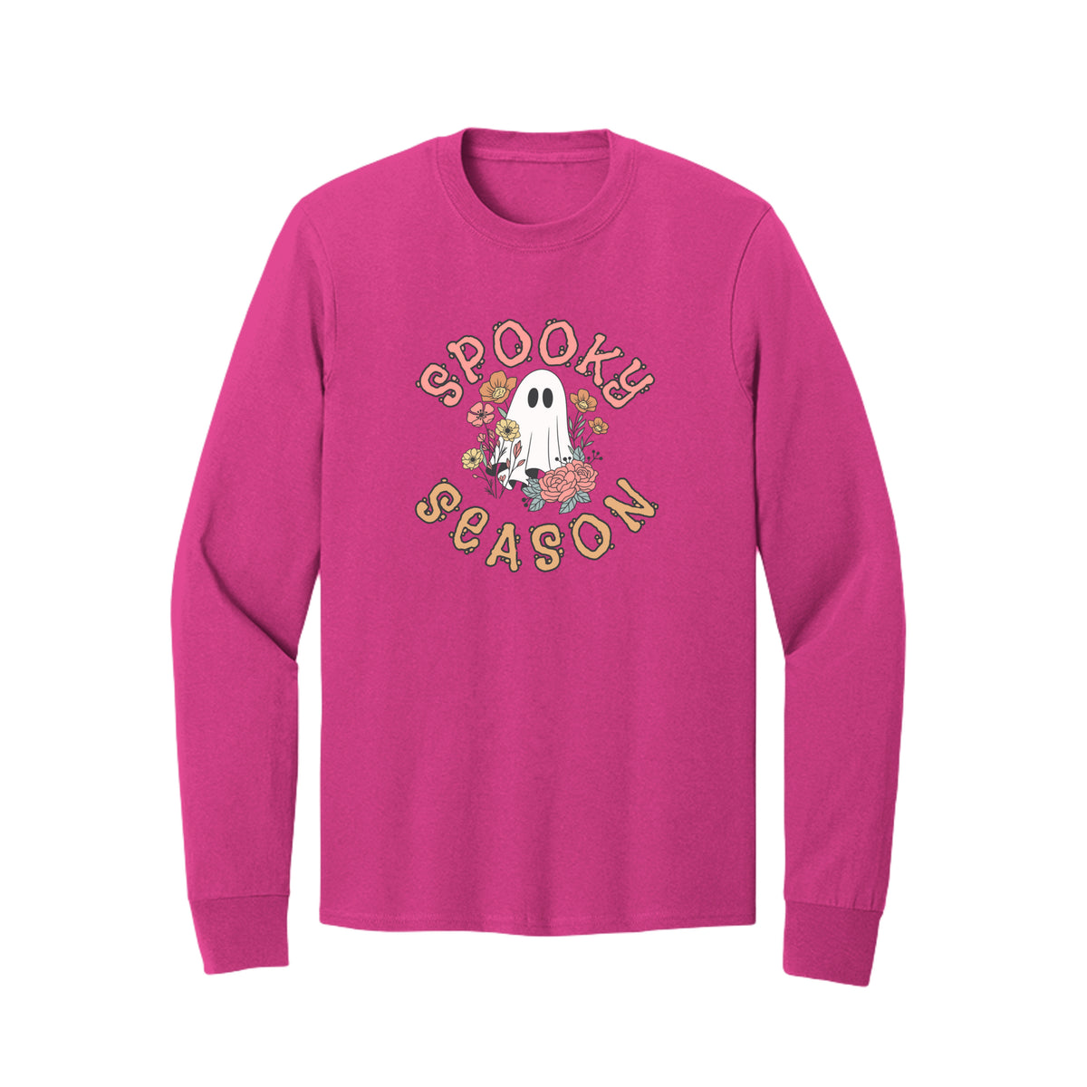 Front view of a bright pink long-sleeve T-shirt showing Spooky Season lettering around a white ghost surrounded by pink, orange, and yellow flowers.