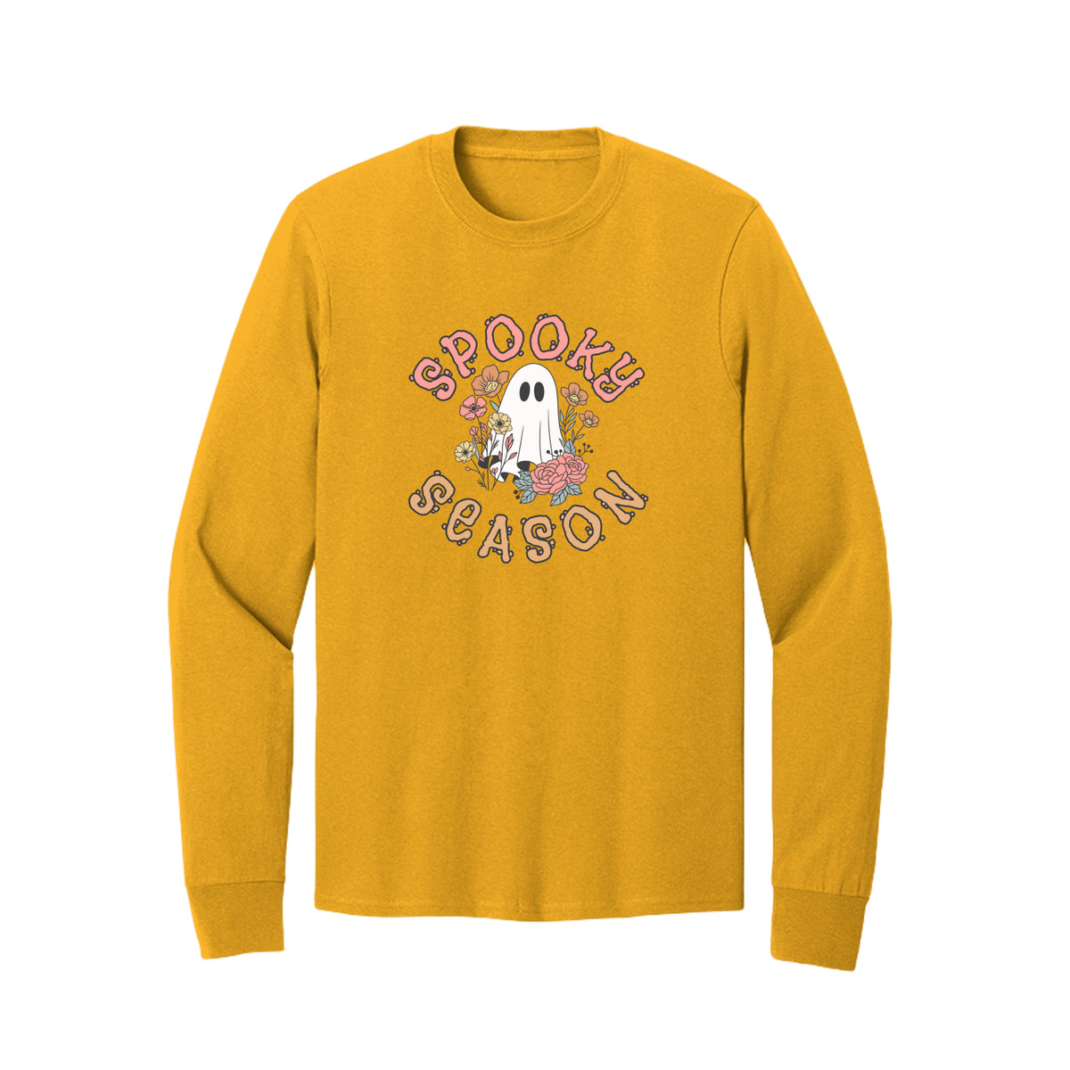 Front view of a gold long-sleeve T-shirt showing Spooky Season lettering around a white ghost surrounded by pink, orange, and yellow flowers.