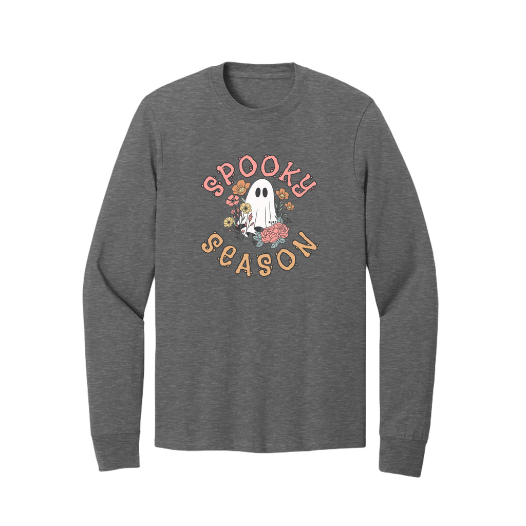 Front view of a gray long-sleeve T-shirt showing Spooky Season lettering around a white ghost surrounded by pink, orange, and yellow flowers.