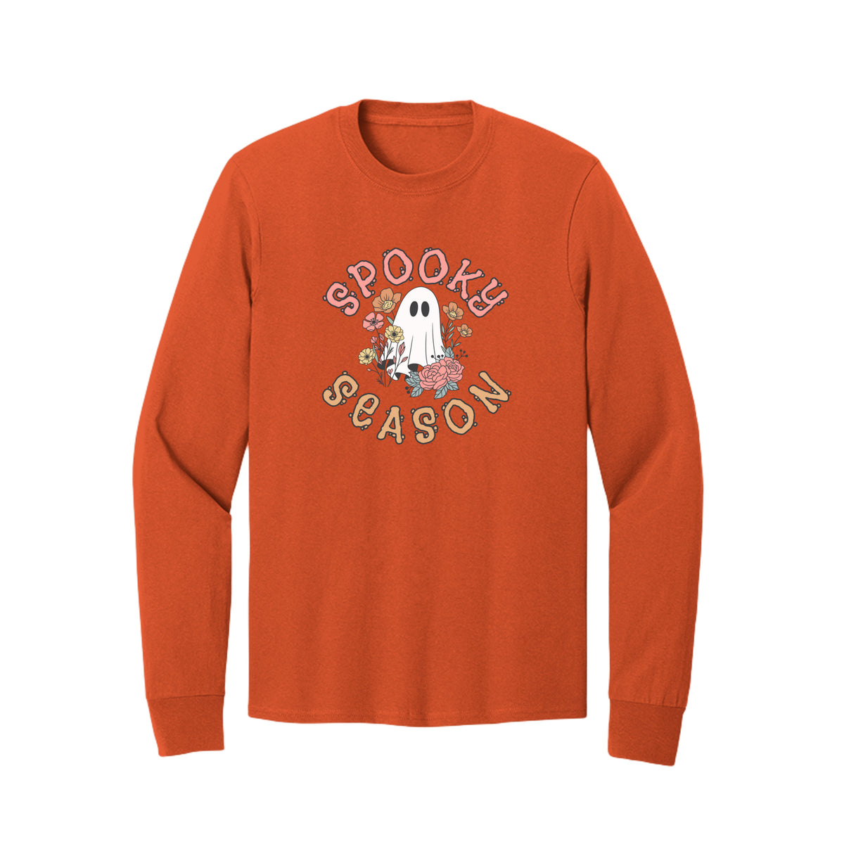 Front view of a orange long-sleeve T-shirt showing Spooky Season lettering around a white ghost surrounded by pink, orange, and yellow flowers.