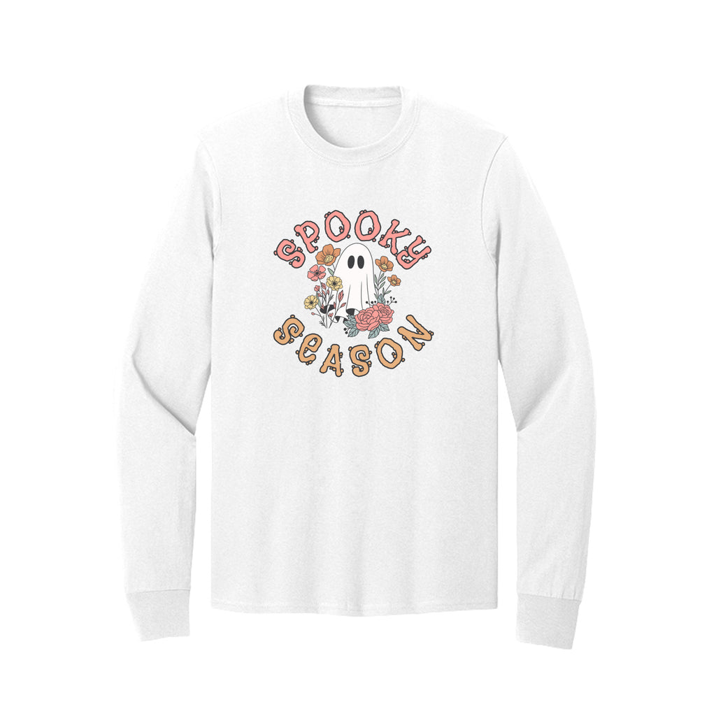 Front view of a white long-sleeve T-shirt showing Spooky Season lettering around a white ghost surrounded by pink, orange, and yellow flowers.