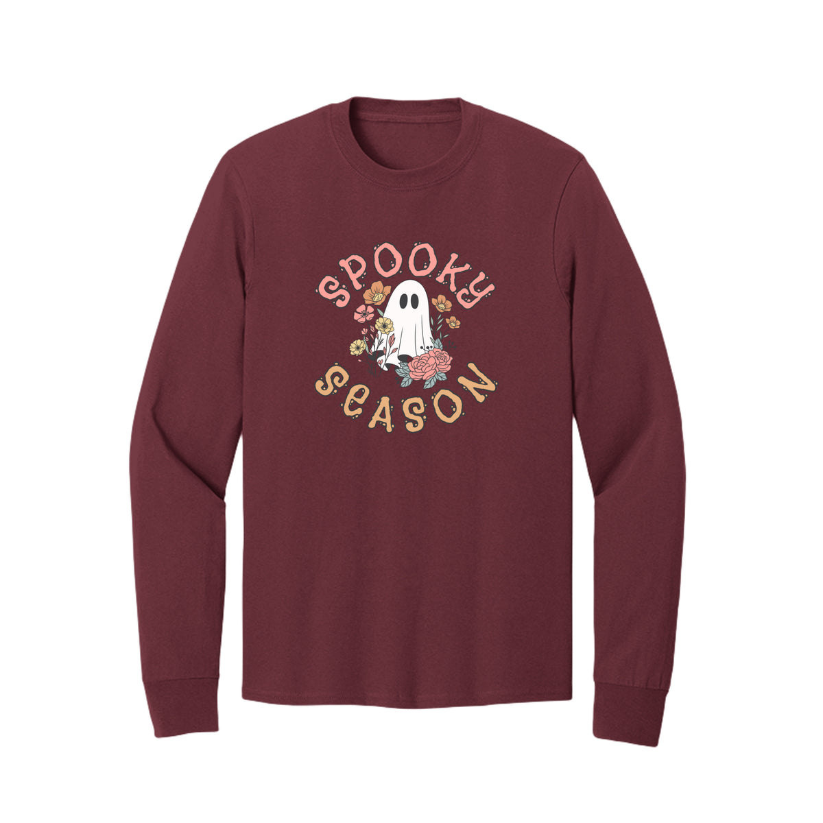 Front view of a burgundy long-sleeve T-shirt showing Spooky Season lettering around a white ghost surrounded by pink, orange, and yellow flowers.