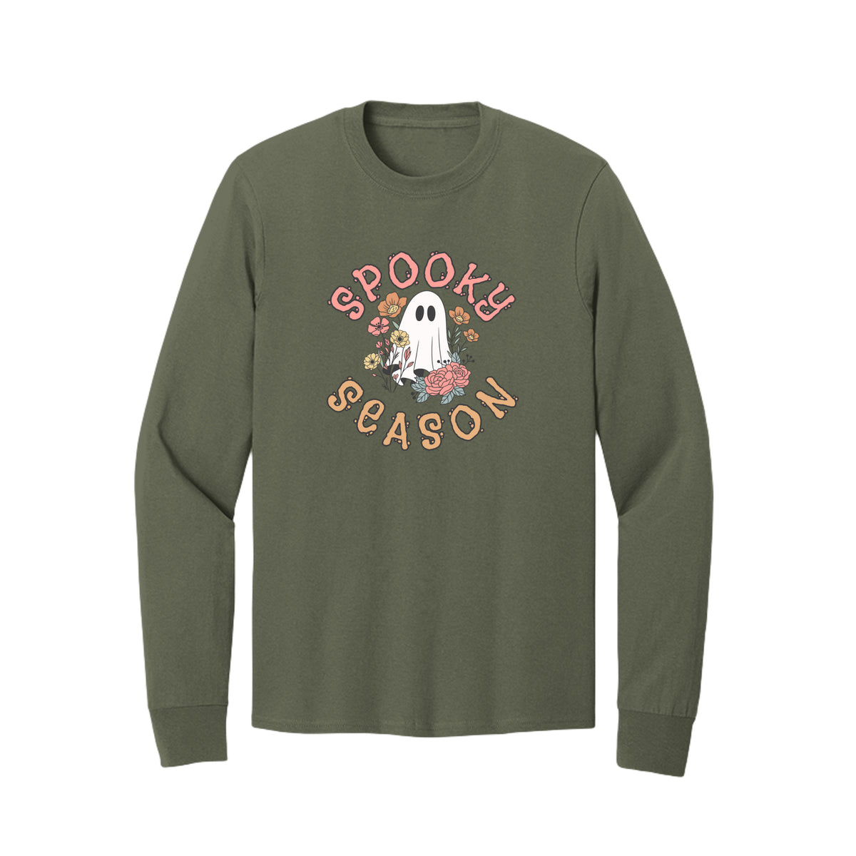 Front view of a olive long-sleeve T-shirt showing Spooky Season lettering around a white ghost surrounded by pink, orange, and yellow flowers.