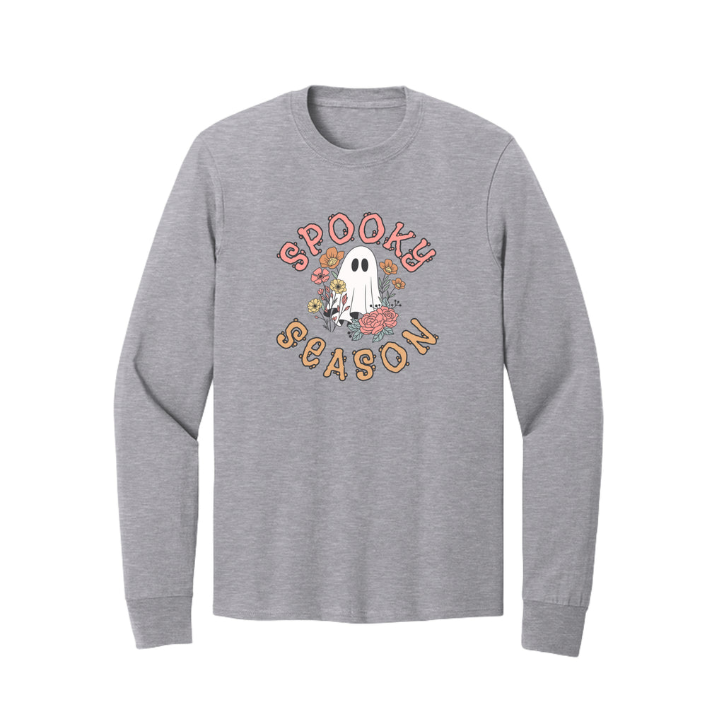 Front view of a gray long-sleeve T-shirt showing Spooky Season lettering around a white ghost surrounded by pink, orange, and yellow flowers.