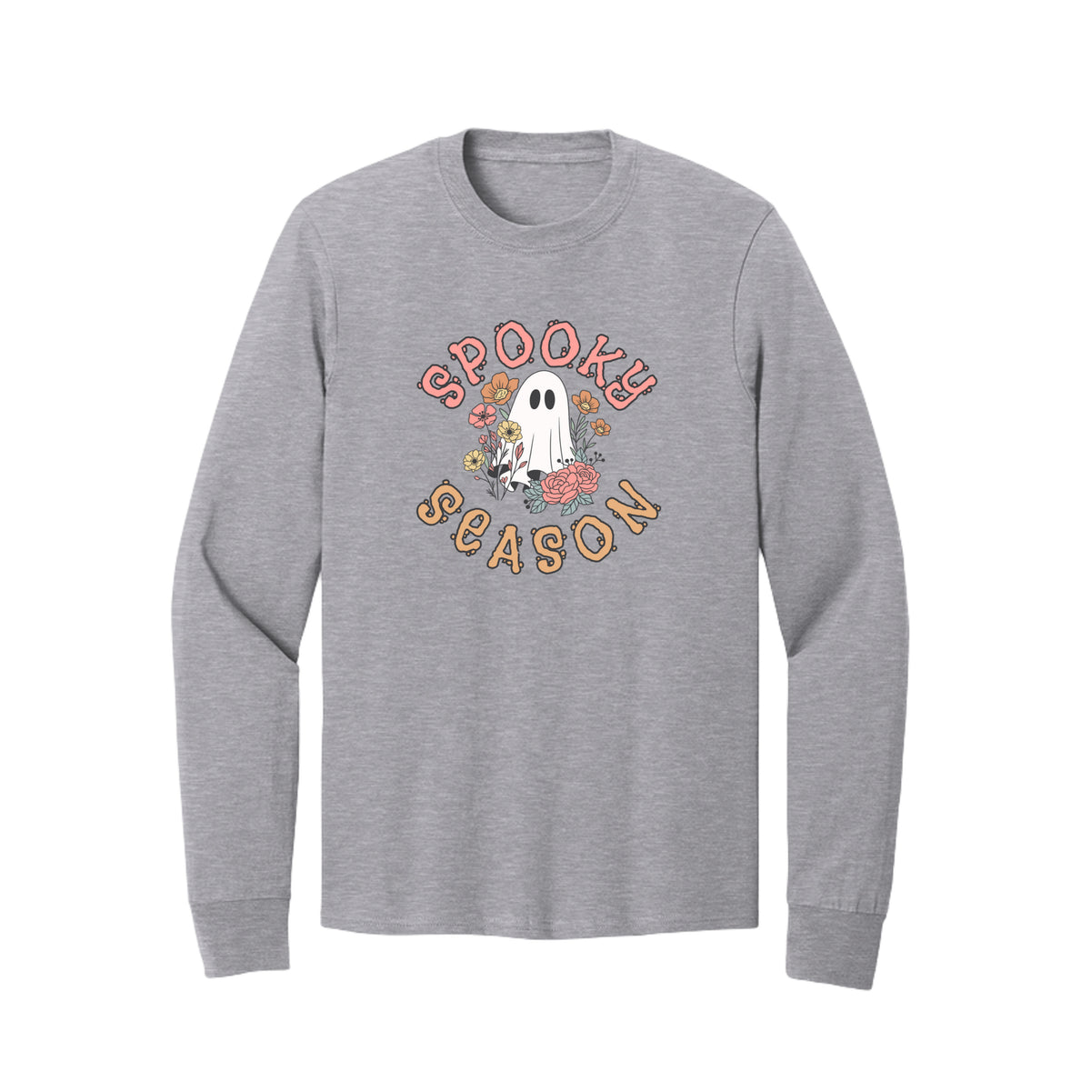Front view of a gray long-sleeve T-shirt showing Spooky Season lettering around a white ghost surrounded by pink, orange, and yellow flowers.