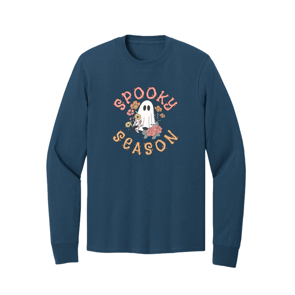 Front view of a blue long-sleeve T-shirt showing Spooky Season lettering around a white ghost surrounded by pink, orange, and yellow flowers.