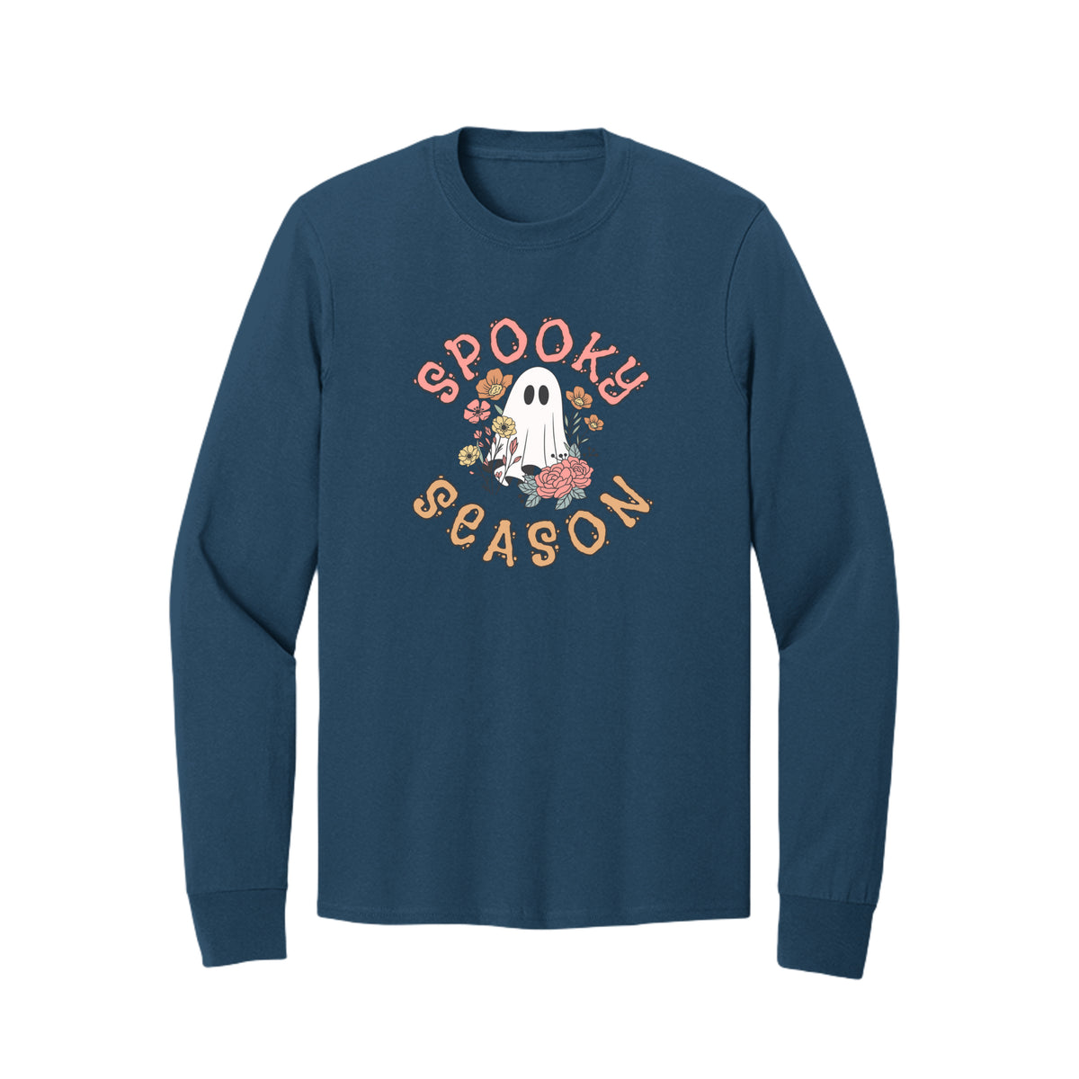 Front view of a blue long-sleeve T-shirt showing Spooky Season lettering around a white ghost surrounded by pink, orange, and yellow flowers.