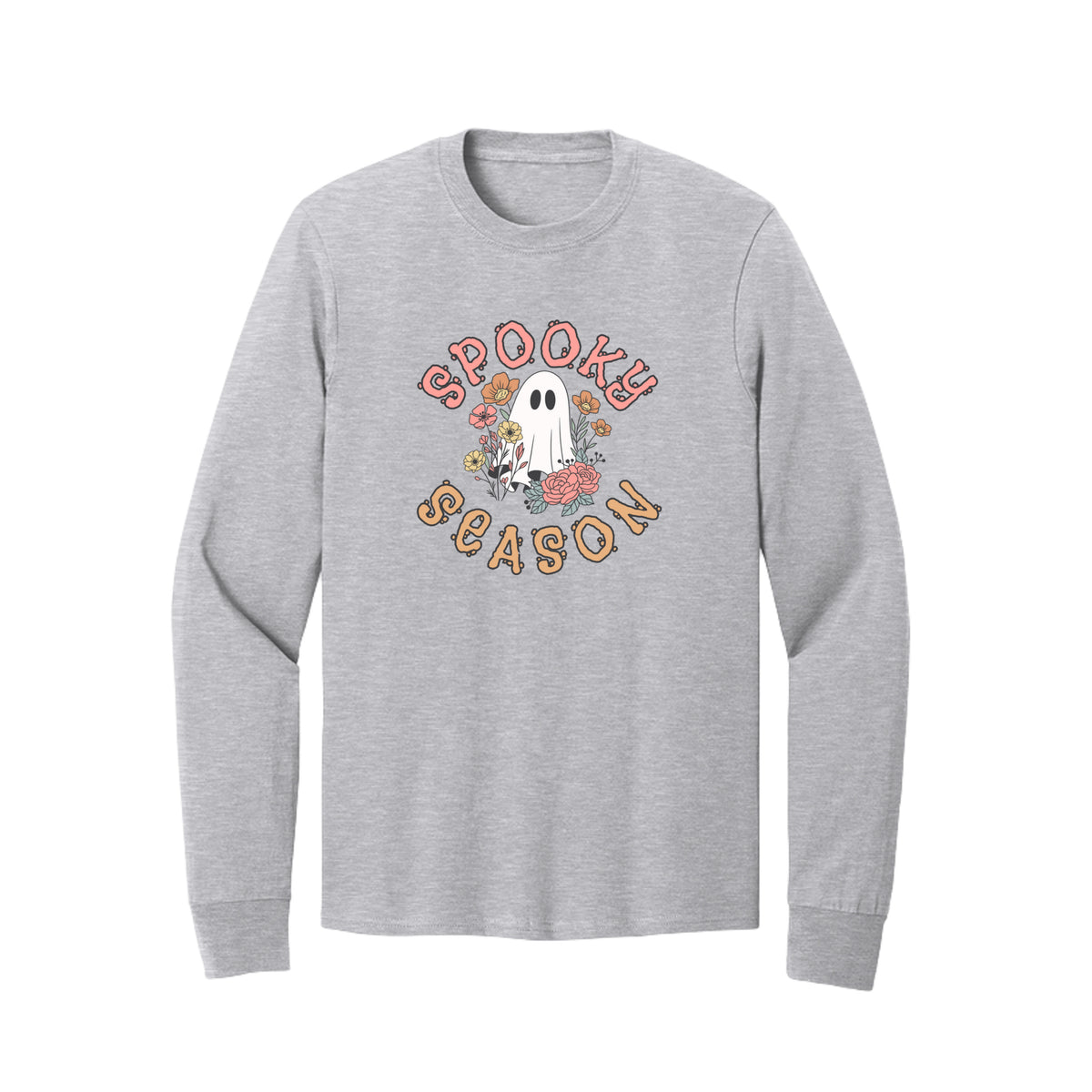 Front view of a long-sleeve T-shirt showing Spooky Season lettering around a white ghost surrounded by pink, orange, and yellow flowers.