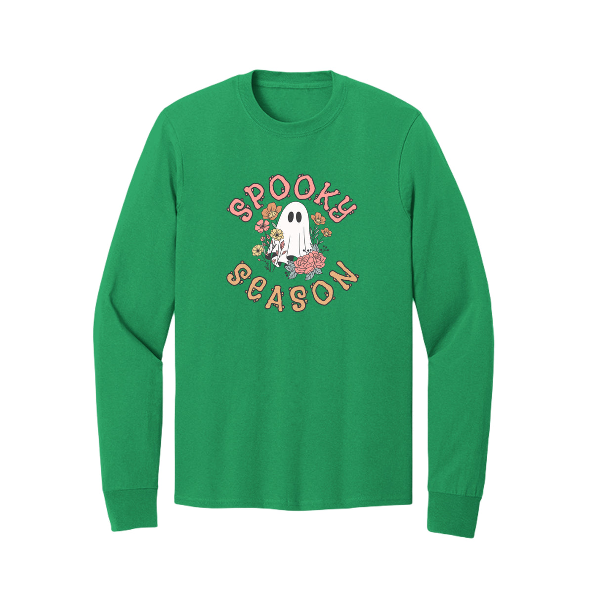 Front view of a green long-sleeve T-shirt showing Spooky Season lettering around a white ghost surrounded by pink, orange, and yellow flowers.