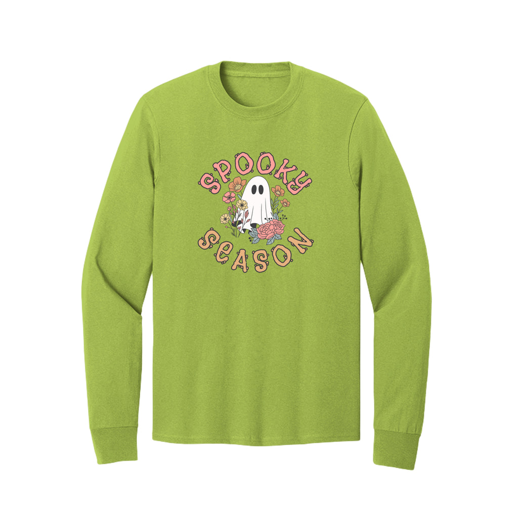 Front view of a lime long-sleeve T-shirt showing Spooky Season lettering around a white ghost surrounded by pink, orange, and yellow flowers.
