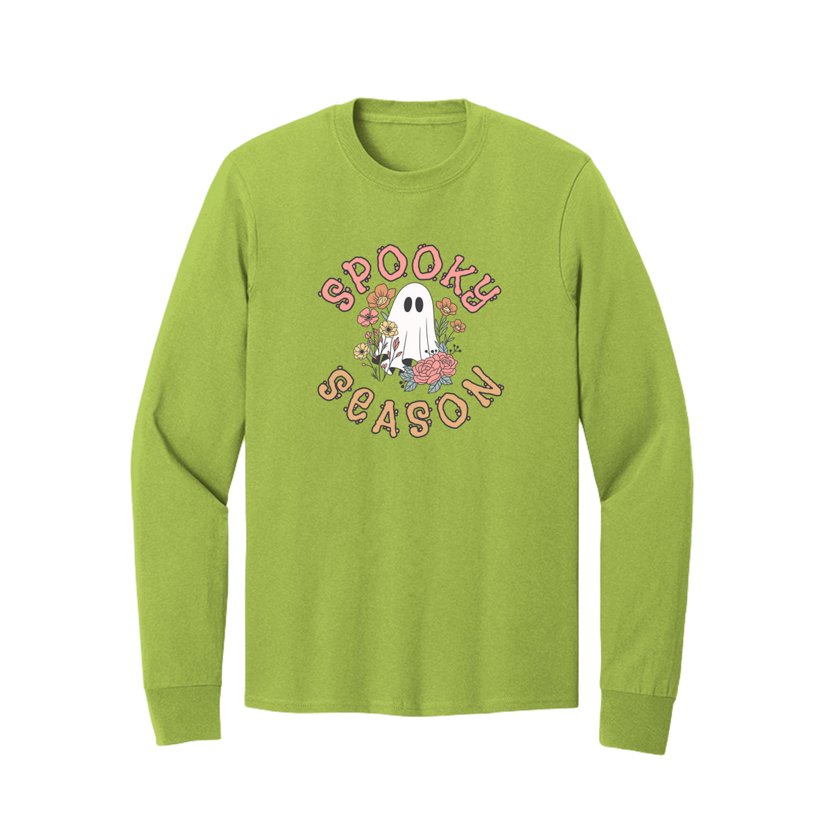 Front view of a lime long-sleeve T-shirt showing Spooky Season lettering around a white ghost surrounded by pink, orange, and yellow flowers.