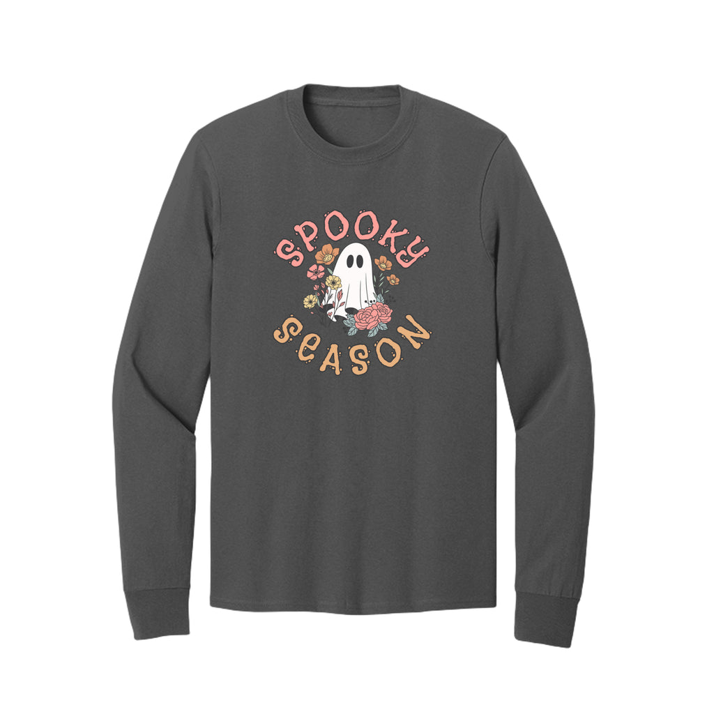 Front view of a gray long-sleeve T-shirt showing Spooky Season lettering around a white ghost surrounded by pink, orange, and yellow flowers.