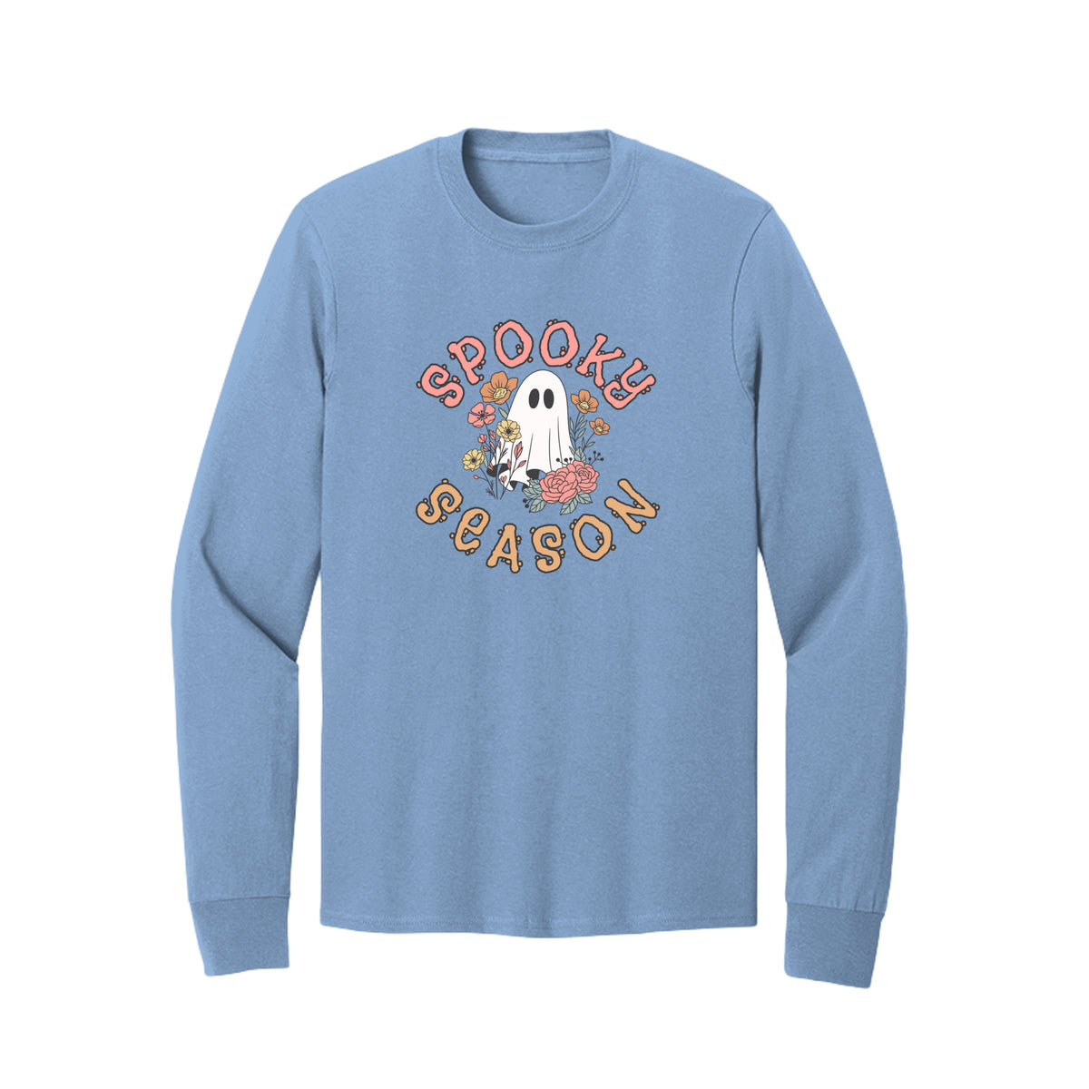 Front view of a light blue long-sleeve T-shirt showing Spooky Season lettering around a white ghost surrounded by pink, orange, and yellow flowers.