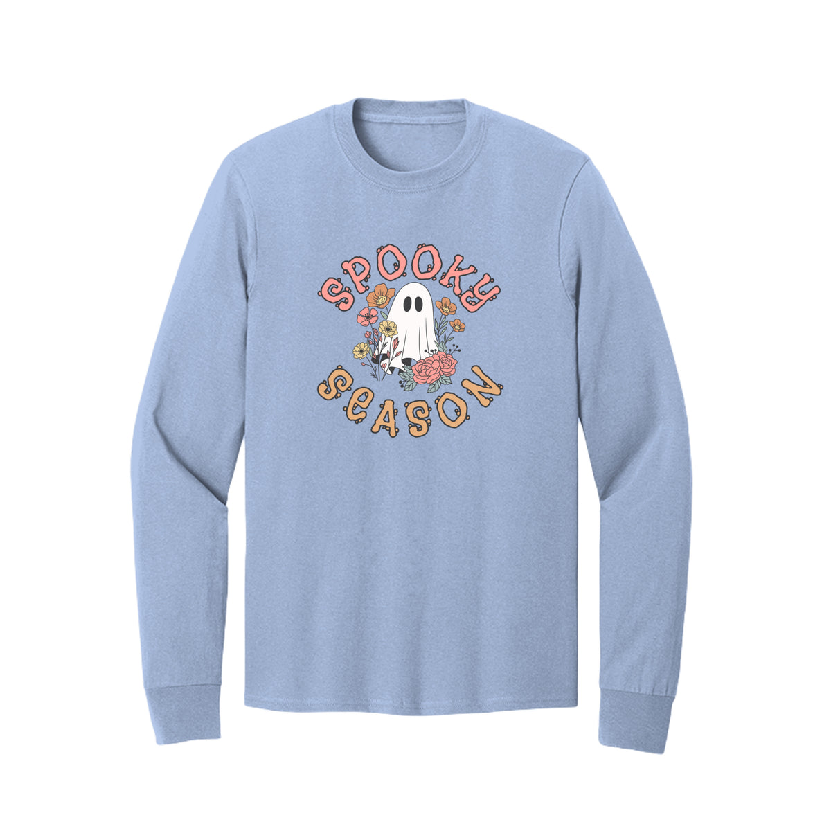 Front view of a light blue long-sleeve T-shirt showing Spooky Season lettering around a white ghost surrounded by pink, orange, and yellow flowers.