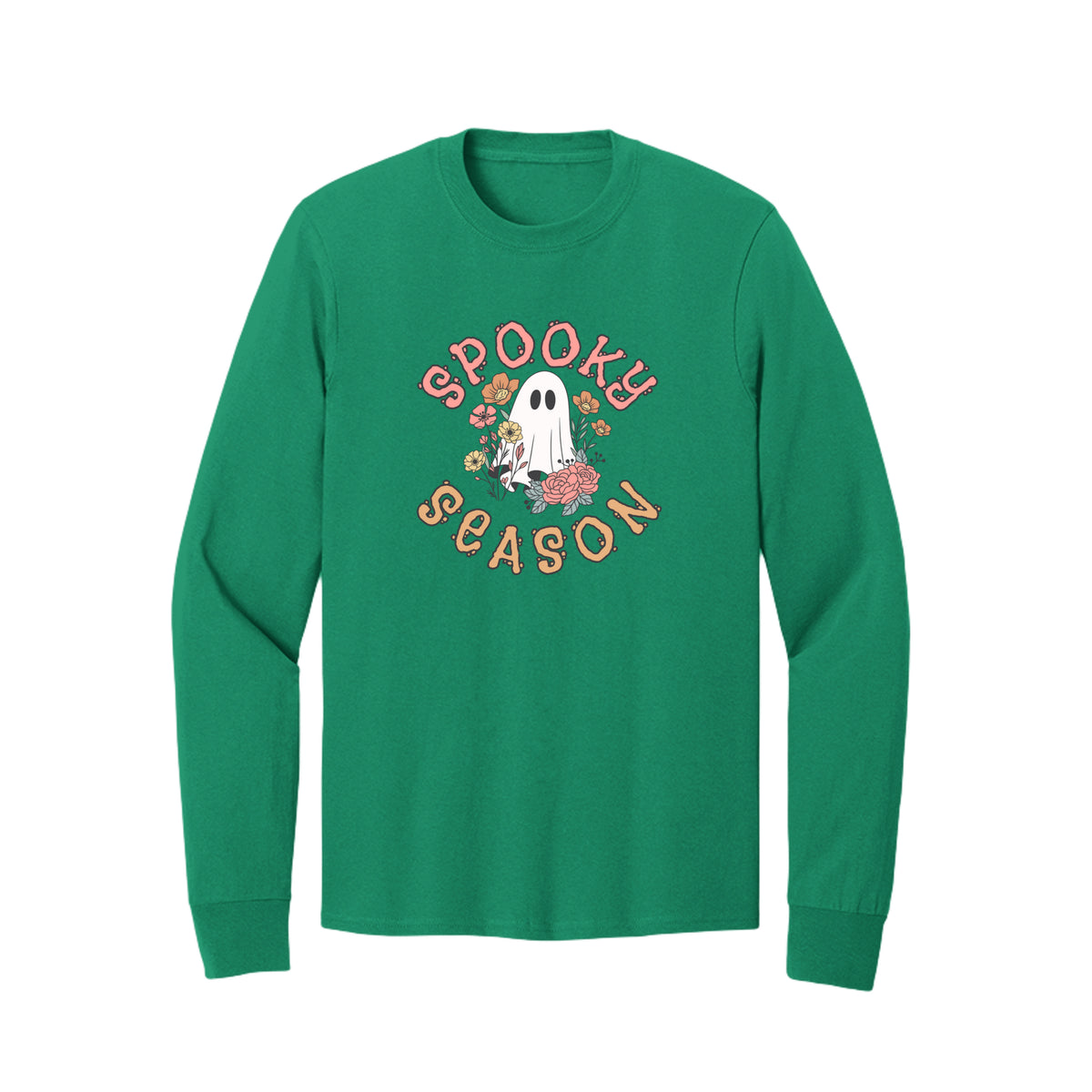 Front view of a green long-sleeve T-shirt showing Spooky Season lettering around a white ghost surrounded by pink, orange, and yellow flowers.