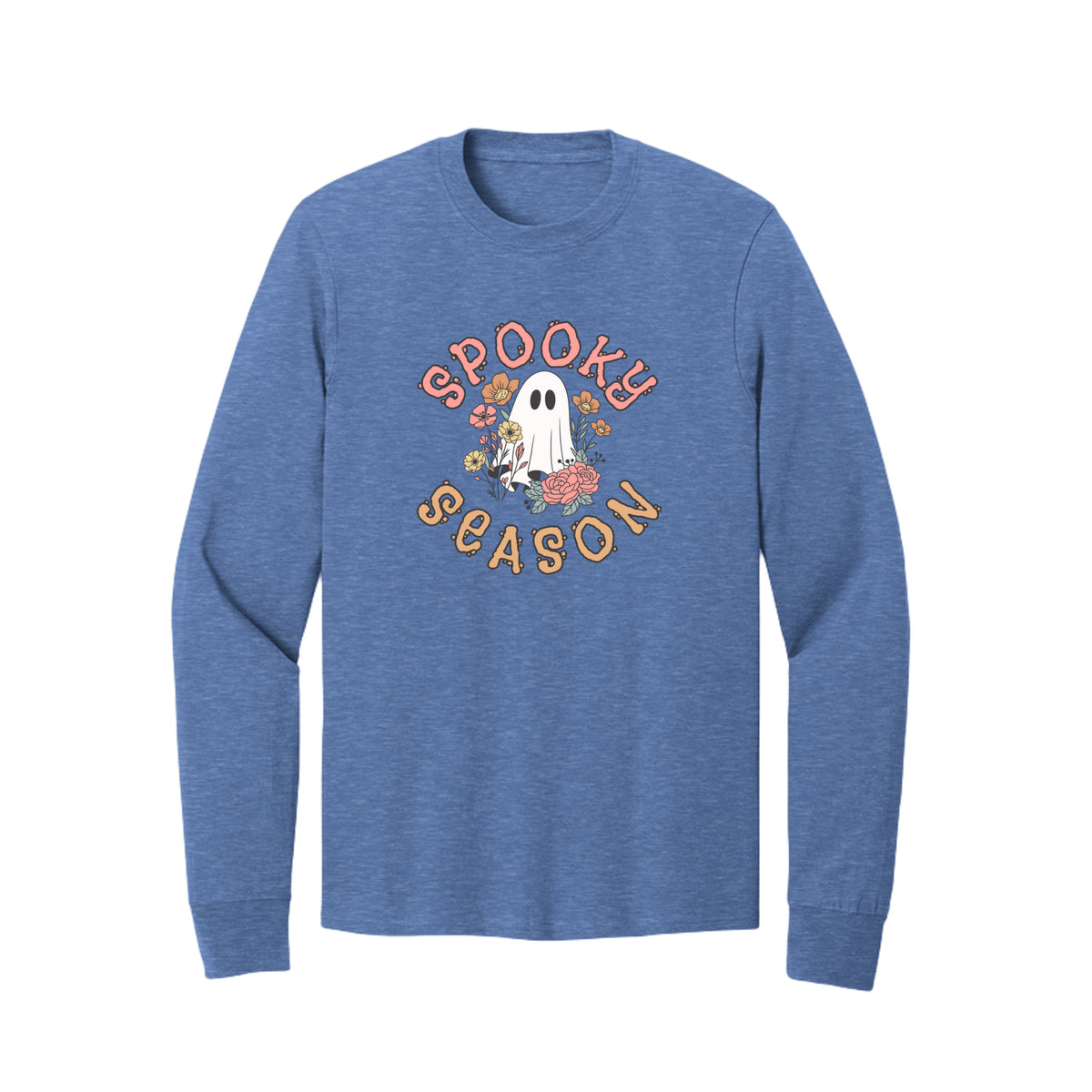 Front view of a blue long-sleeve T-shirt showing Spooky Season lettering around a white ghost surrounded by pink, orange, and yellow flowers.