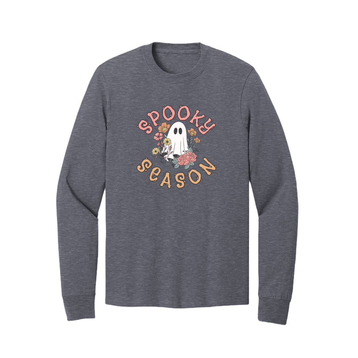 Front view of a gray long-sleeve T-shirt showing Spooky Season lettering around a white ghost surrounded by pink, orange, and yellow flowers.