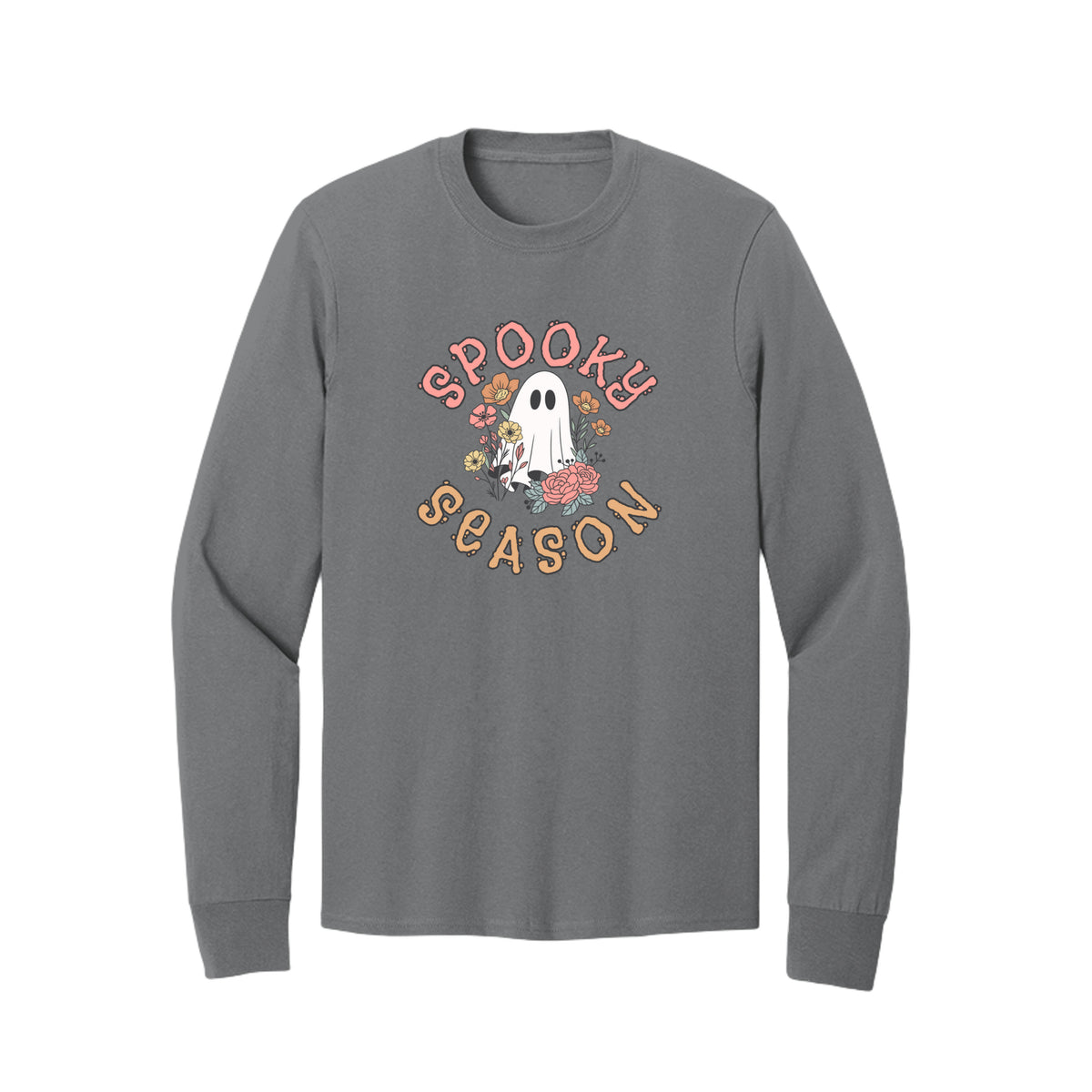 Front view of a gray long-sleeve T-shirt showing Spooky Season lettering around a white ghost surrounded by pink, orange, and yellow flowers.