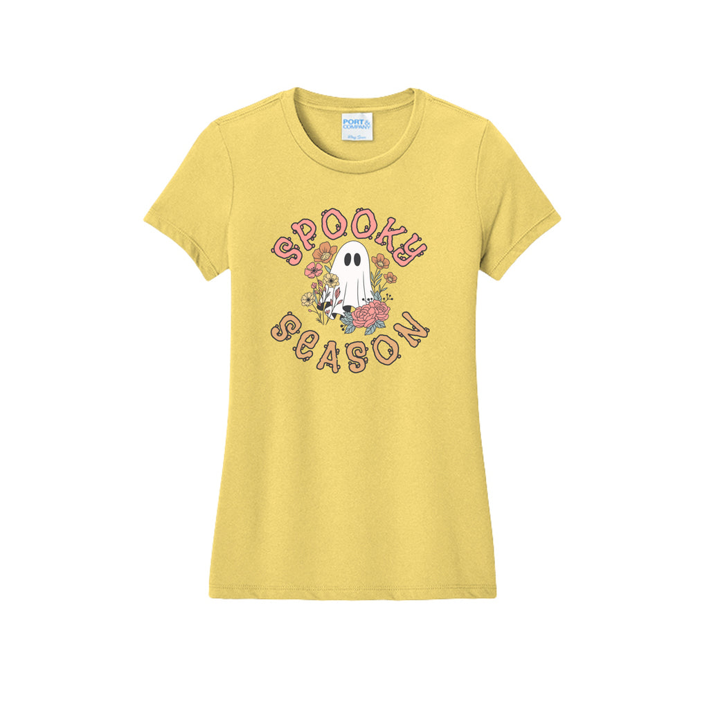 Front view of a yellow fitted short-sleeve T-shirt showing Spooky Season lettering around a white ghost surrounded by pink, orange, and yellow flowers.