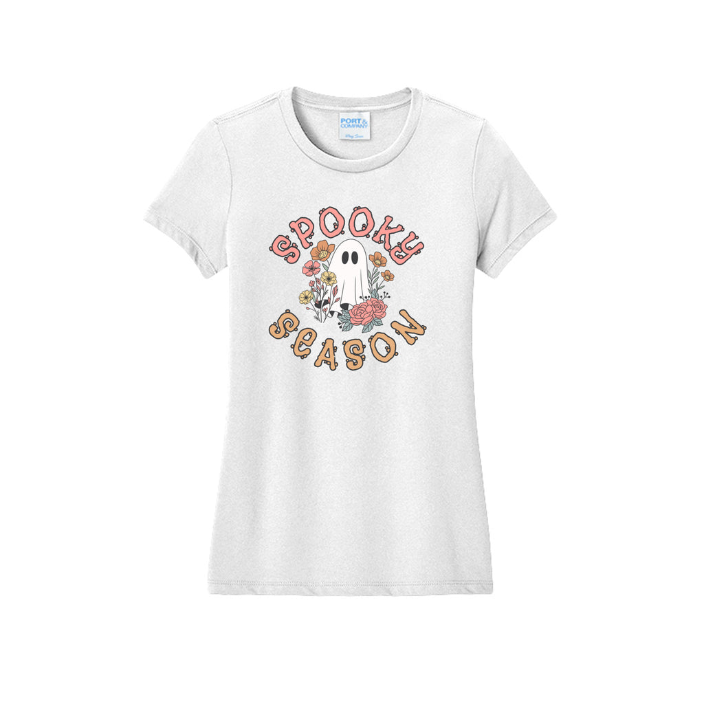 Front view of a white fitted short-sleeve T-shirt showing Spooky Season lettering around a white ghost surrounded by pink, orange, and yellow flowers.