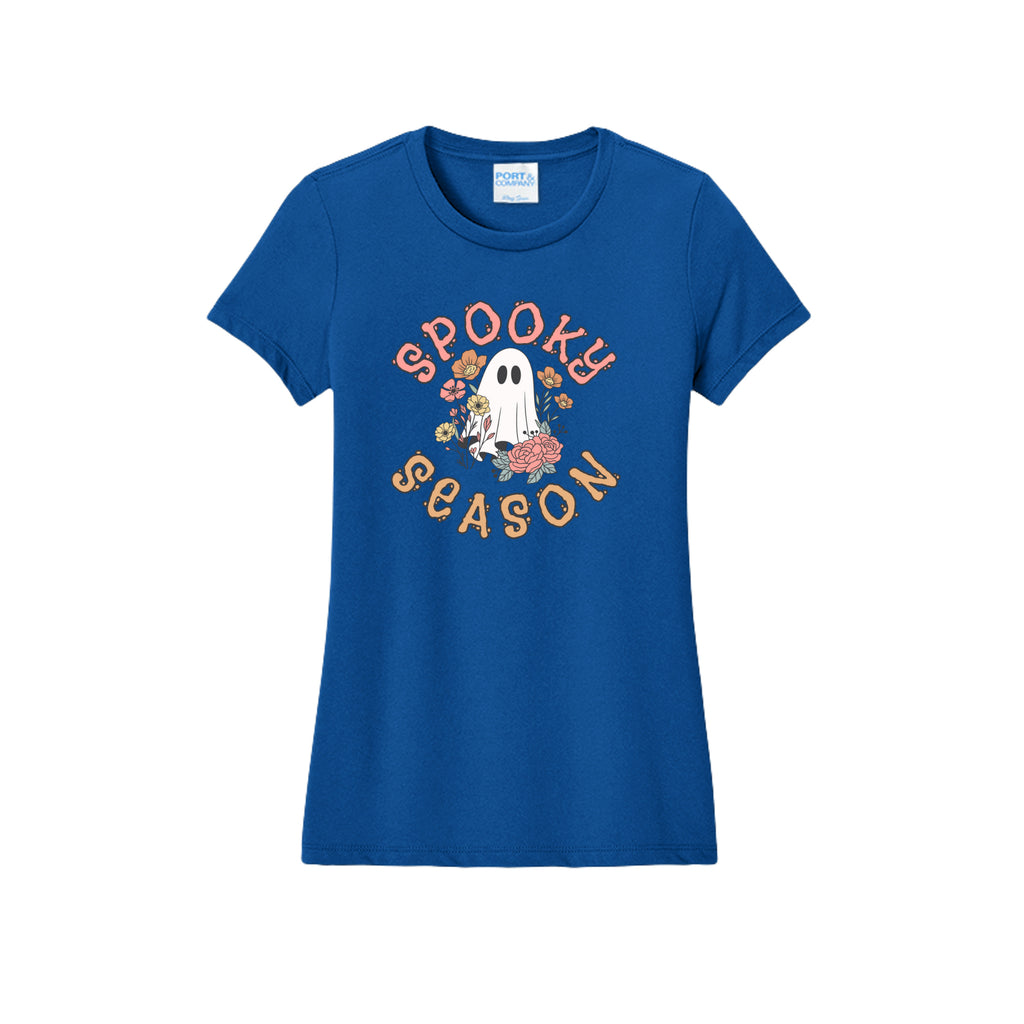 Front view of a blue fitted short-sleeve T-shirt showing Spooky Season lettering around a white ghost surrounded by pink, orange, and yellow flowers.