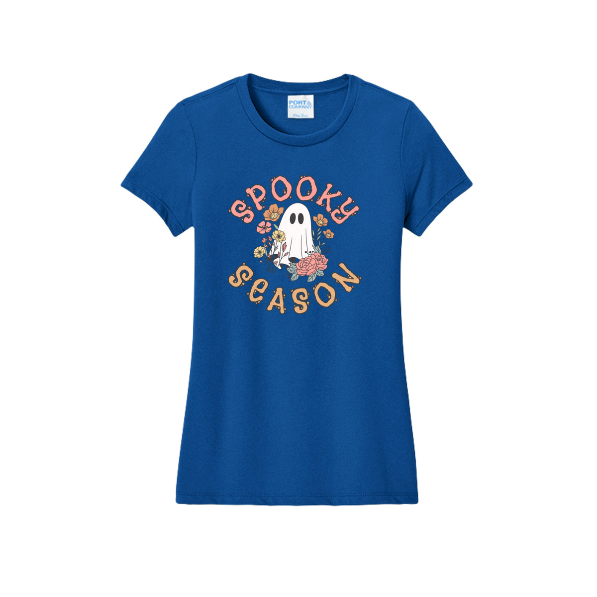 Front view of a blue fitted short-sleeve T-shirt showing Spooky Season lettering around a white ghost surrounded by pink, orange, and yellow flowers.