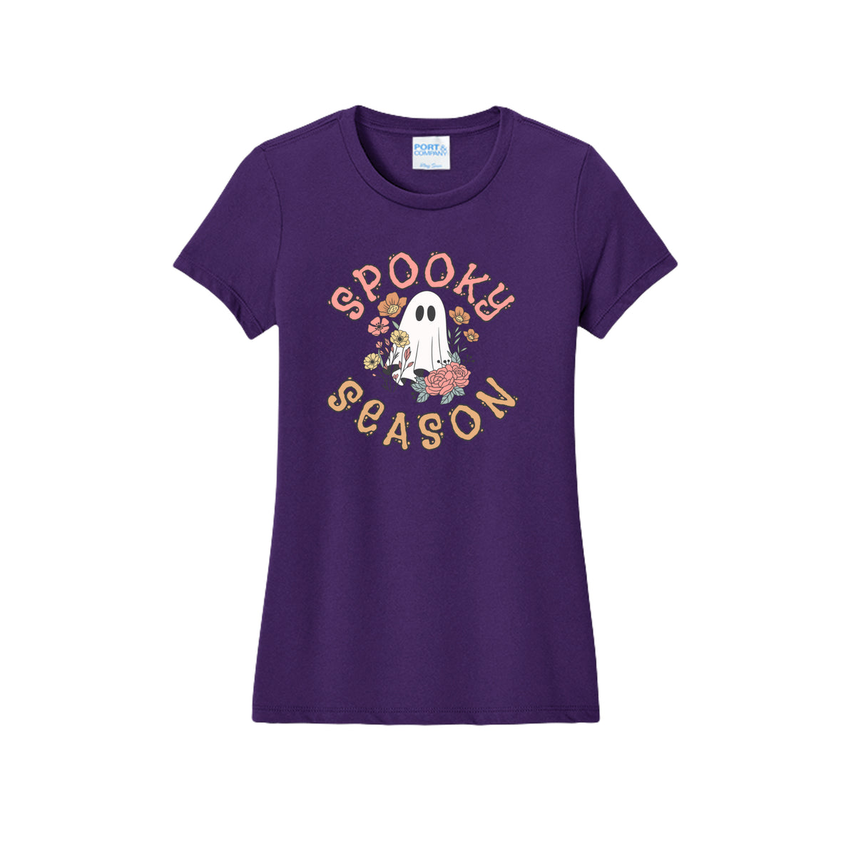 Front view of a purple fitted short-sleeve T-shirt showing Spooky Season lettering around a white ghost surrounded by pink, orange, and yellow flowers.