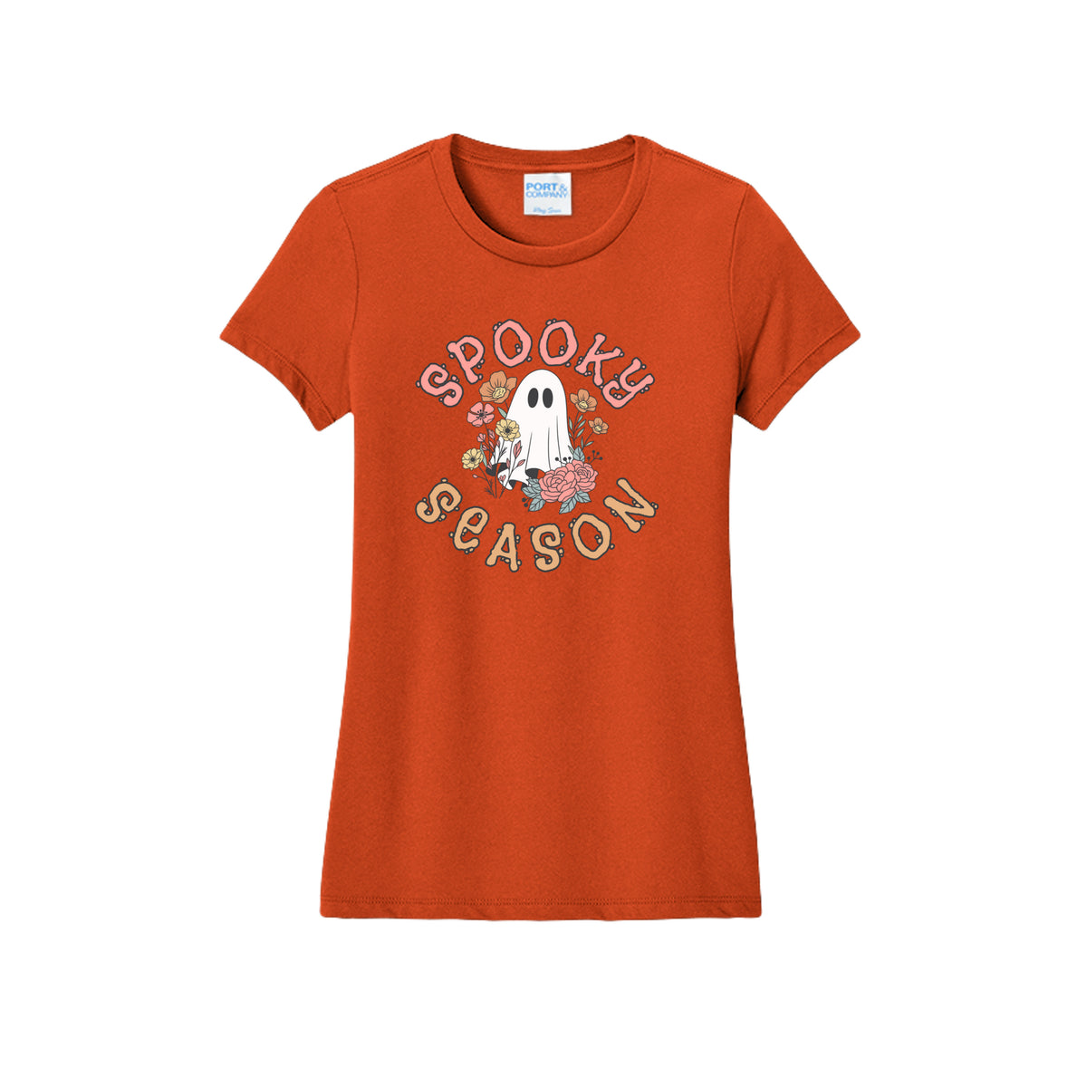 Front view of a orange fitted short-sleeve T-shirt showing Spooky Season lettering around a white ghost surrounded by pink, orange, and yellow flowers.