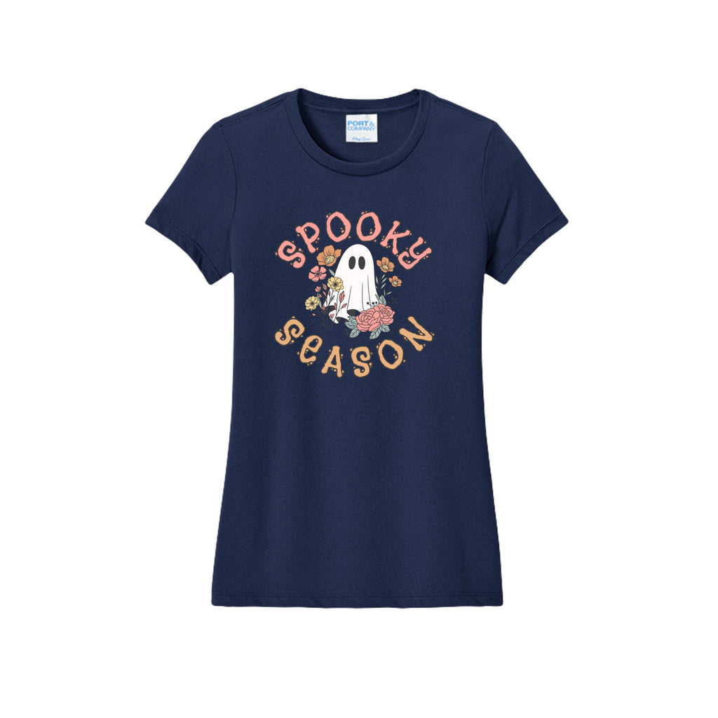 Front view of a navy fitted short-sleeve T-shirt showing Spooky Season lettering around a white ghost surrounded by pink, orange, and yellow flowers.