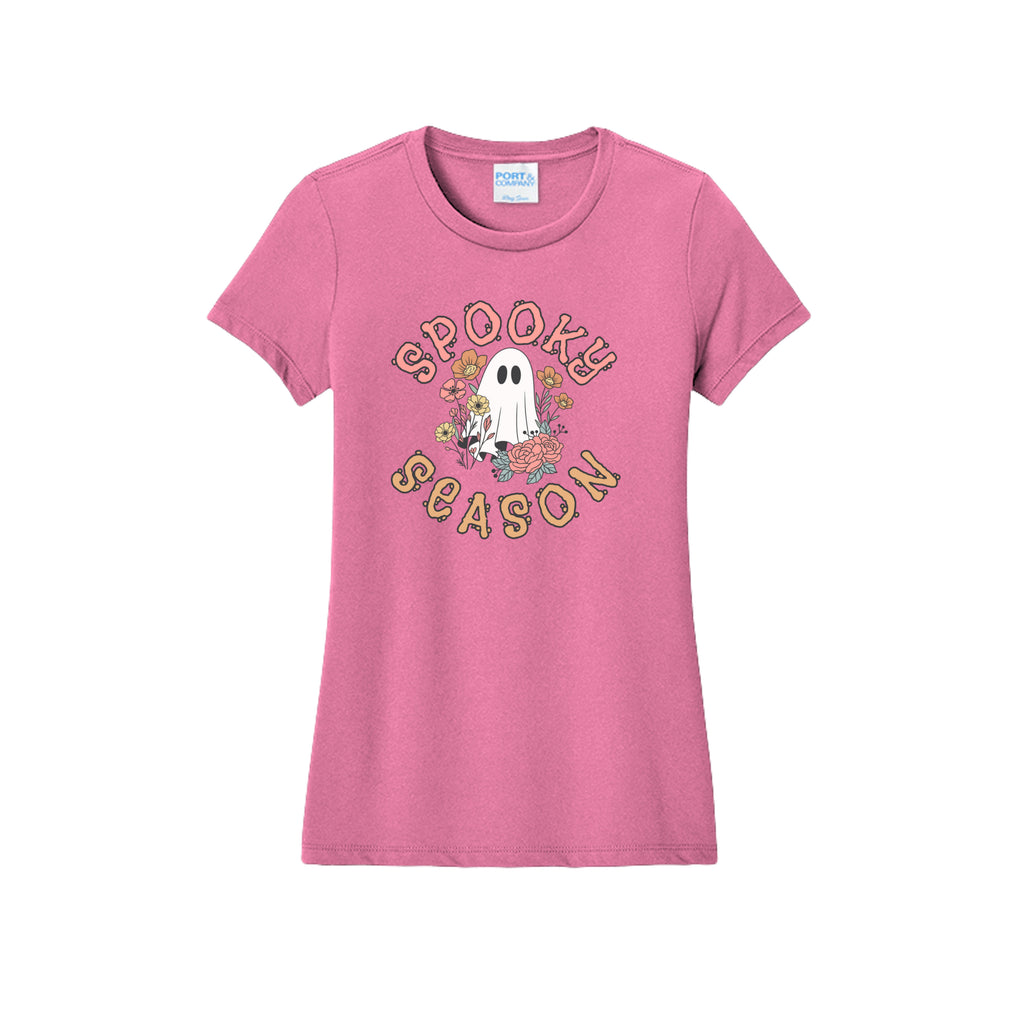 Front view of a fitted short-sleeve T-shirt showing Spooky Season lettering around a white ghost surrounded by pink, orange, and yellow flowers.