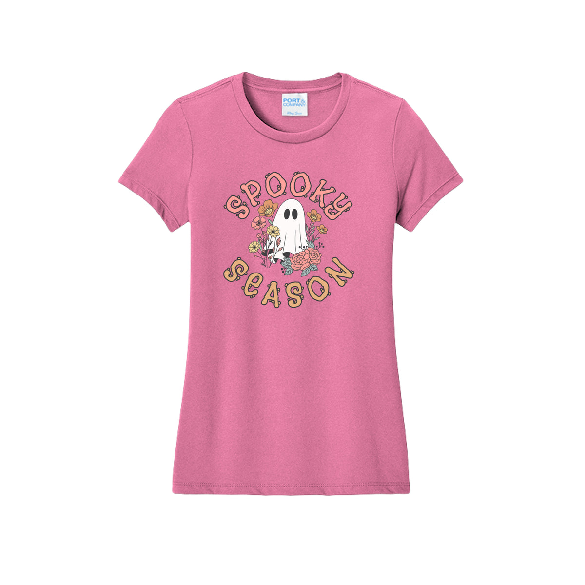 Front view of a fitted short-sleeve T-shirt showing Spooky Season lettering around a white ghost surrounded by pink, orange, and yellow flowers.