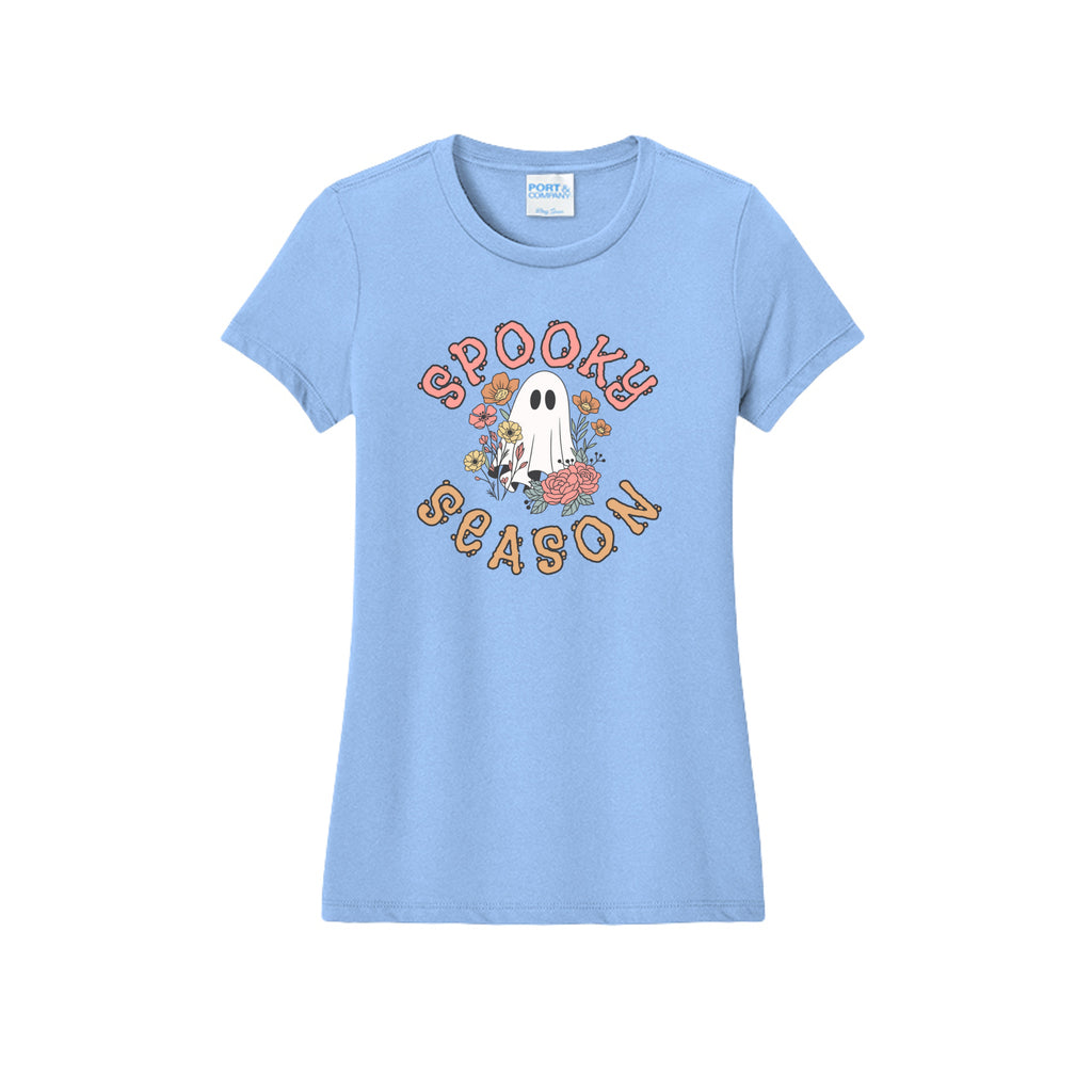 Front view of a light blue fitted short-sleeve T-shirt showing Spooky Season lettering around a white ghost surrounded by pink, orange, and yellow flowers.