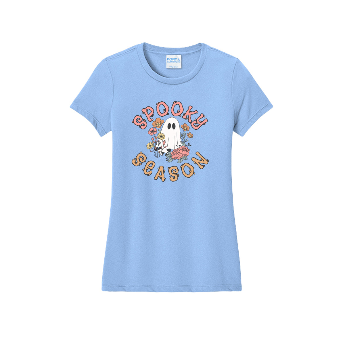 Front view of a light blue fitted short-sleeve T-shirt showing Spooky Season lettering around a white ghost surrounded by pink, orange, and yellow flowers.