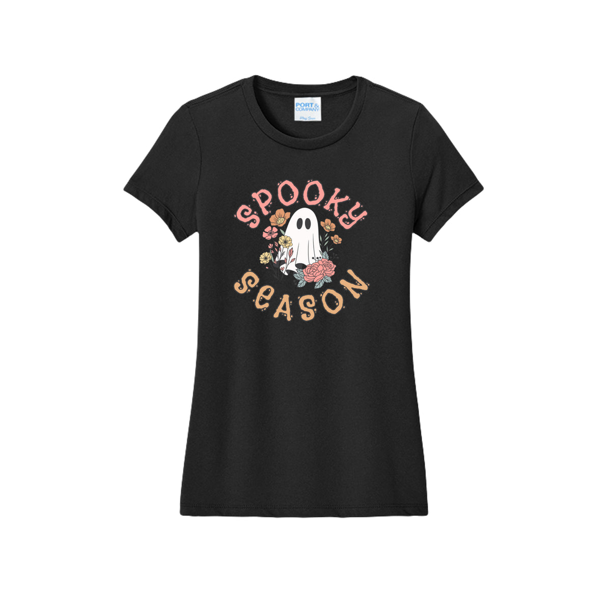 Front view of a black fitted short-sleeve T-shirt showing Spooky Season lettering around a white ghost surrounded by pink, orange, and yellow flowers.