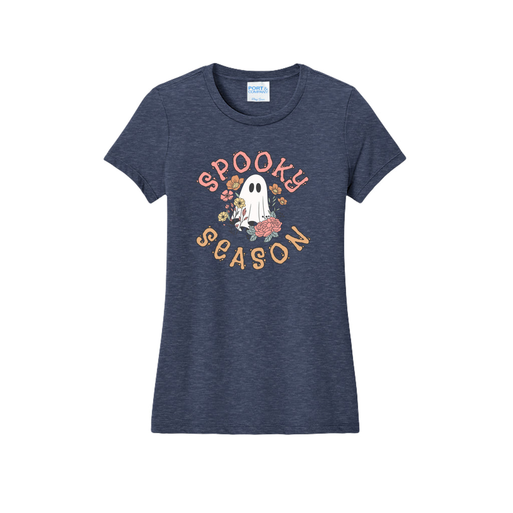 Front view of a gray fitted short-sleeve T-shirt showing Spooky Season lettering around a white ghost surrounded by pink, orange, and yellow flowers.
