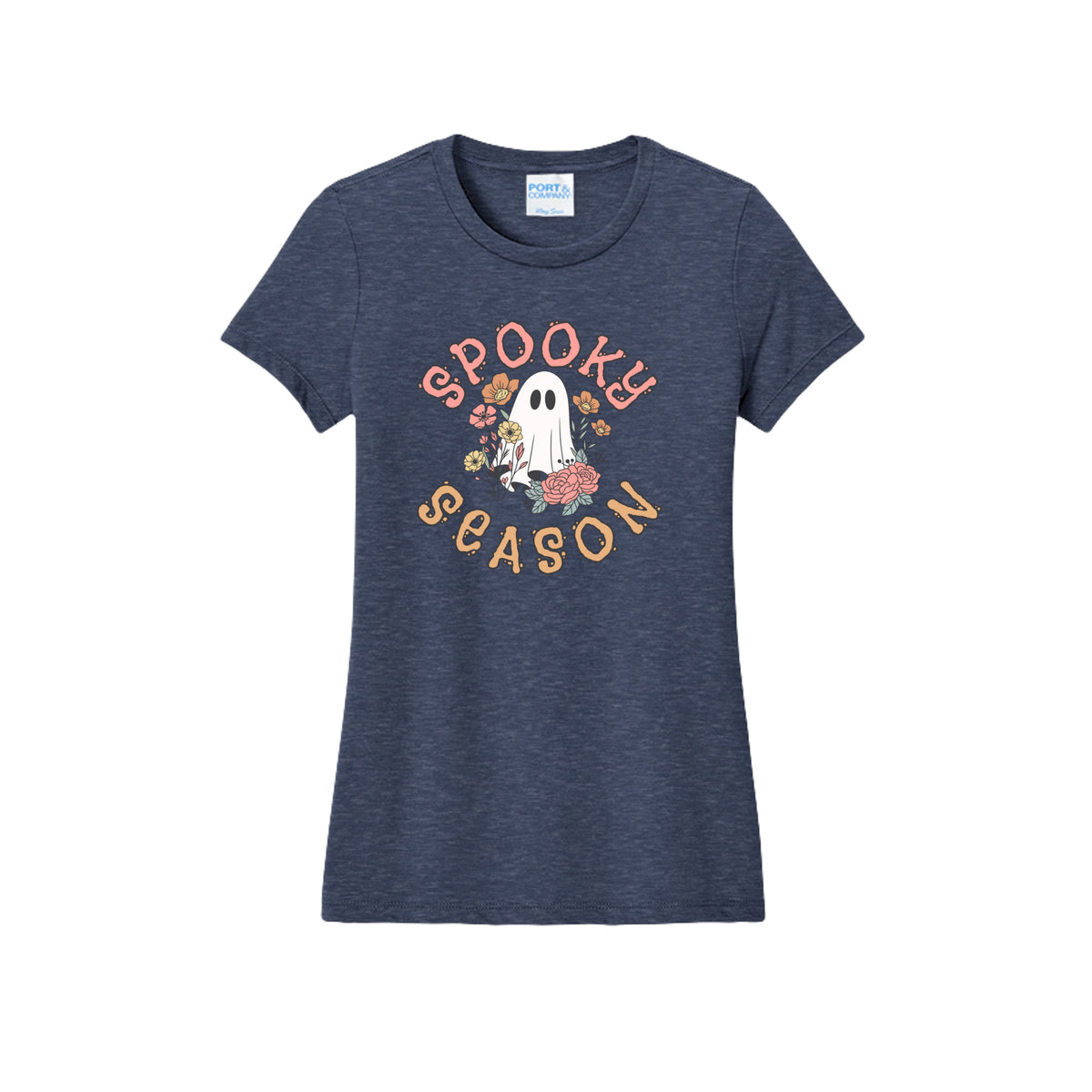 Front view of a gray fitted short-sleeve T-shirt showing Spooky Season lettering around a white ghost surrounded by pink, orange, and yellow flowers.