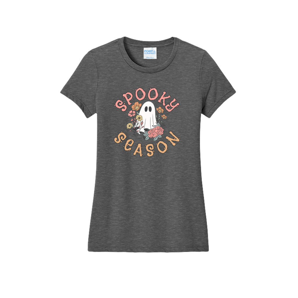 Front view of a gray fitted short-sleeve T-shirt showing Spooky Season lettering around a white ghost surrounded by pink, orange, and yellow flowers.