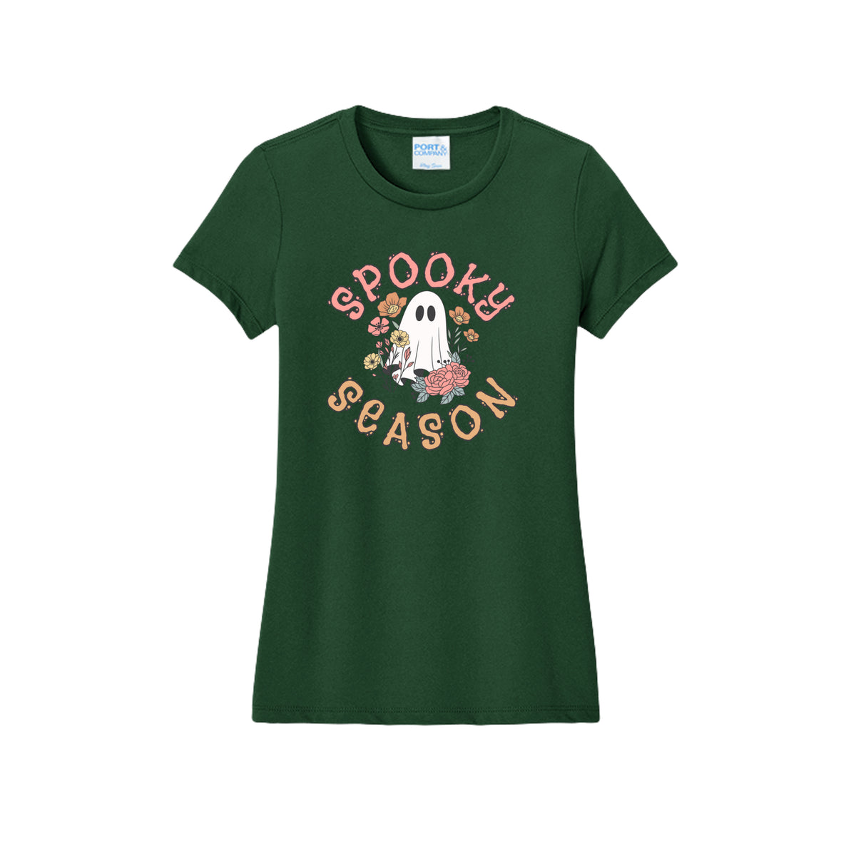 Front view of a green fitted short-sleeve T-shirt showing Spooky Season lettering around a white ghost surrounded by pink, orange, and yellow flowers.
