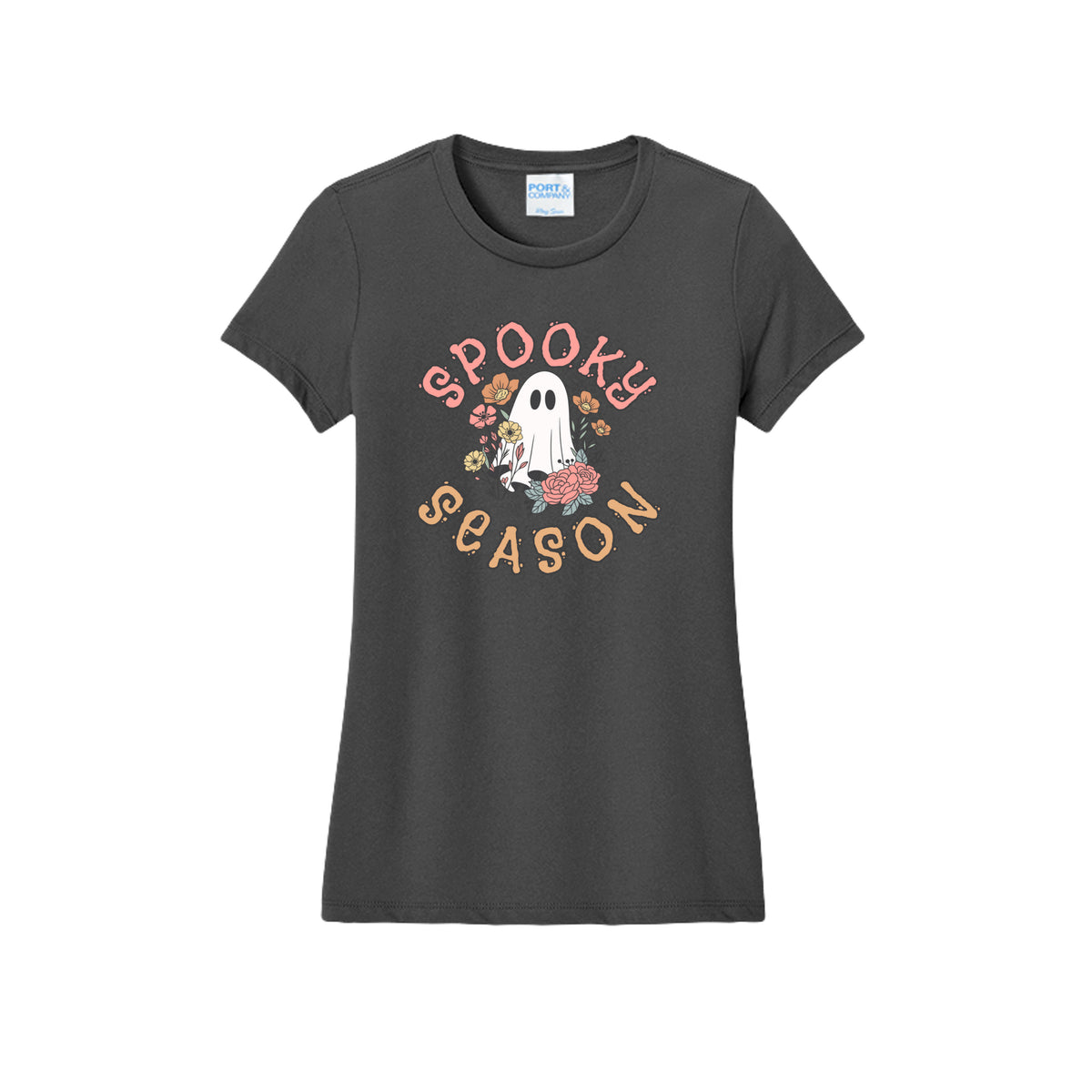 Front view of a gray fitted short-sleeve T-shirt showing Spooky Season lettering around a white ghost surrounded by pink, orange, and yellow flowers.