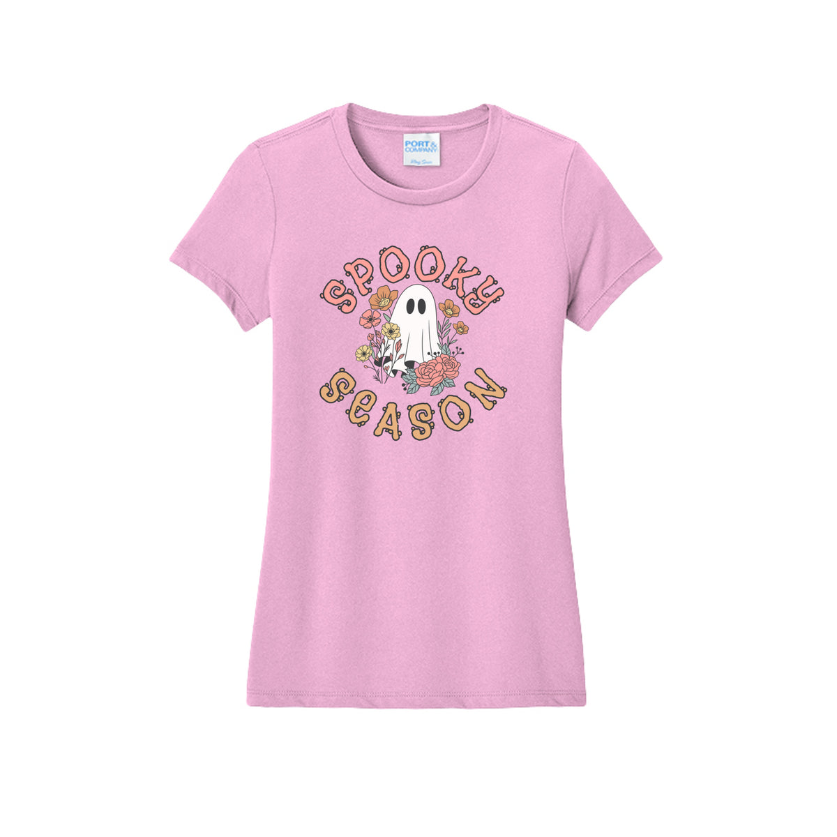 Front view of a light pink fitted short-sleeve T-shirt showing Spooky Season lettering around a white ghost surrounded by pink, orange, and yellow flowers.