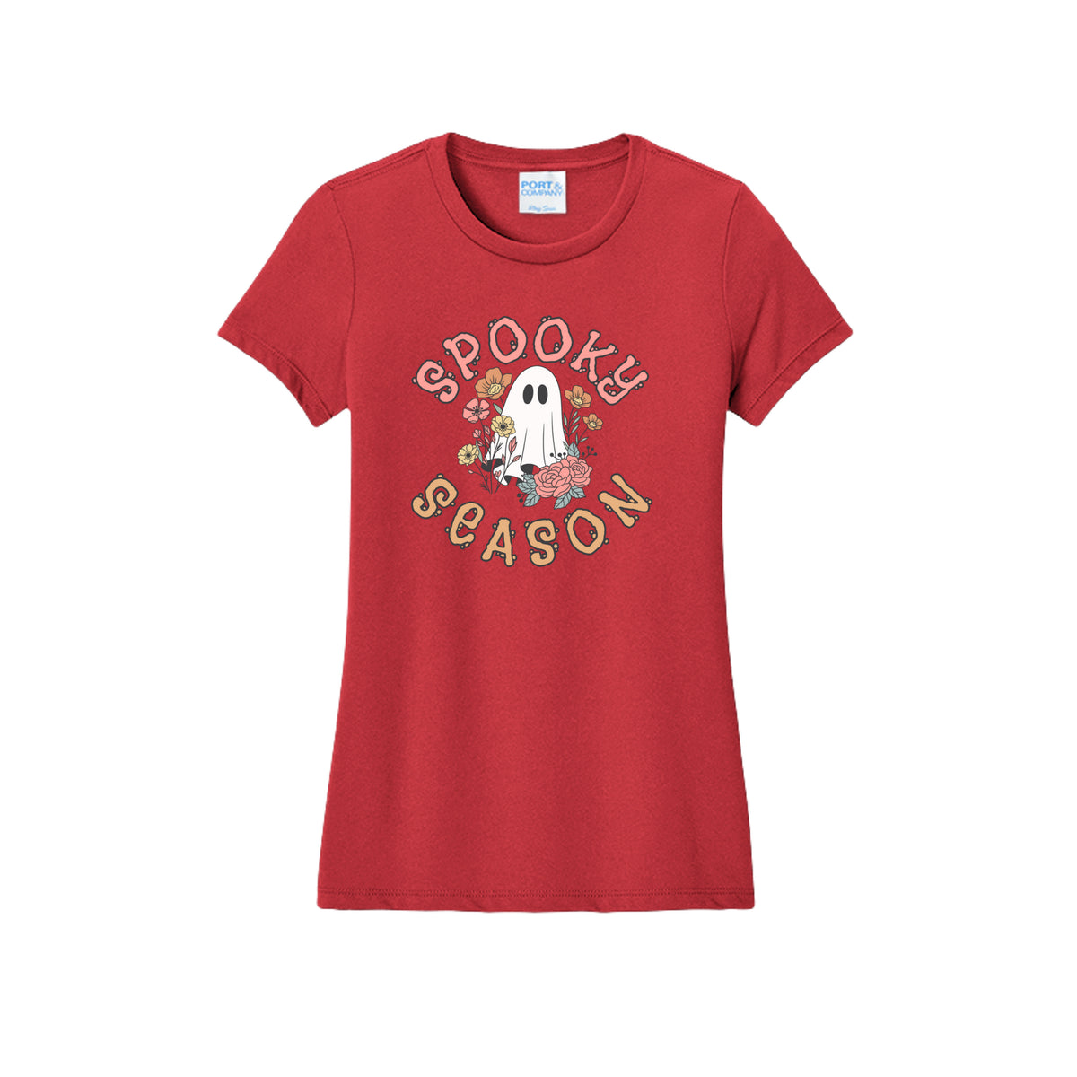 Front view of a red fitted short-sleeve T-shirt showing Spooky Season lettering around a white ghost surrounded by pink, orange, and yellow flowers.
