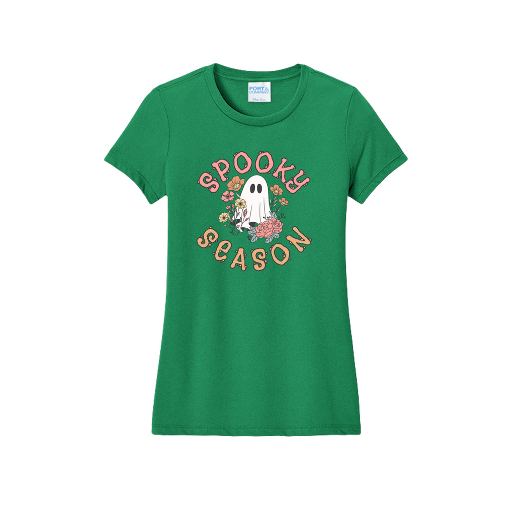 Front view of a green fitted short-sleeve T-shirt showing Spooky Season lettering around a white ghost surrounded by pink, orange, and yellow flowers.