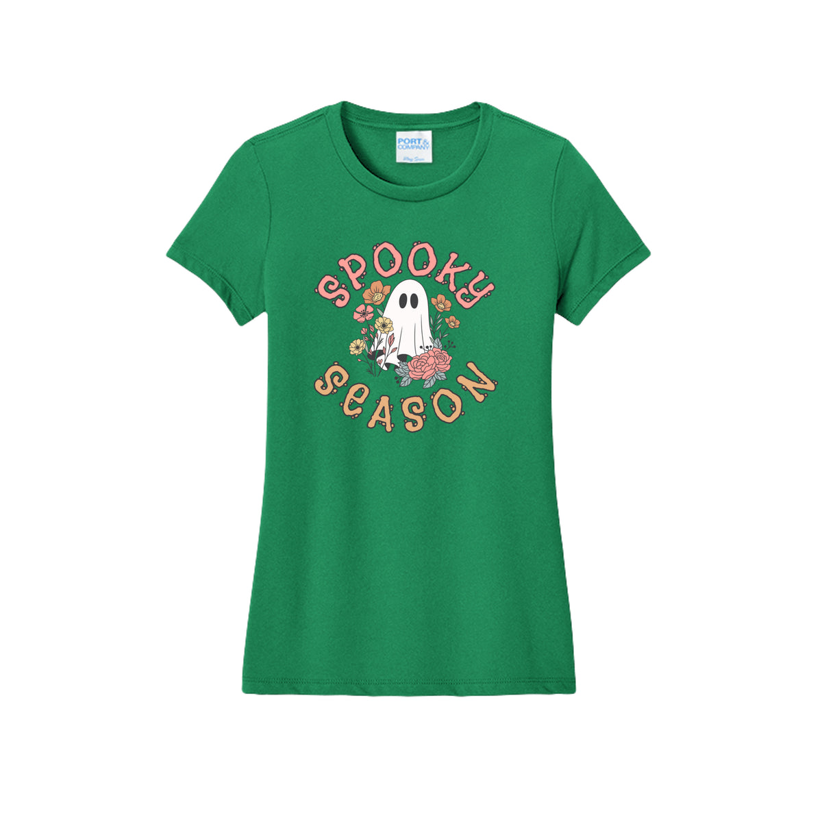 Front view of a green fitted short-sleeve T-shirt showing Spooky Season lettering around a white ghost surrounded by pink, orange, and yellow flowers.