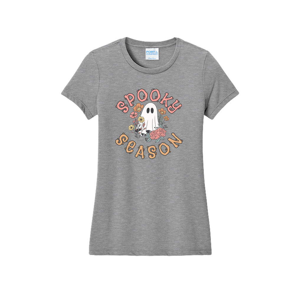 Front view of a gray fitted short-sleeve T-shirt showing Spooky Season lettering around a white ghost surrounded by pink, orange, and yellow flowers.