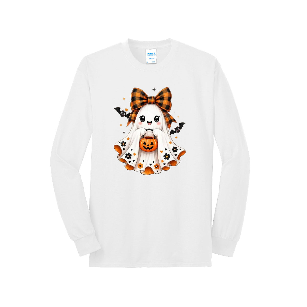Front view of a white long-sleeve T-shirt showing a smiling ghost wearing an orange-and-black bow and holding a pumpkin bucket, with floral and bat accents.