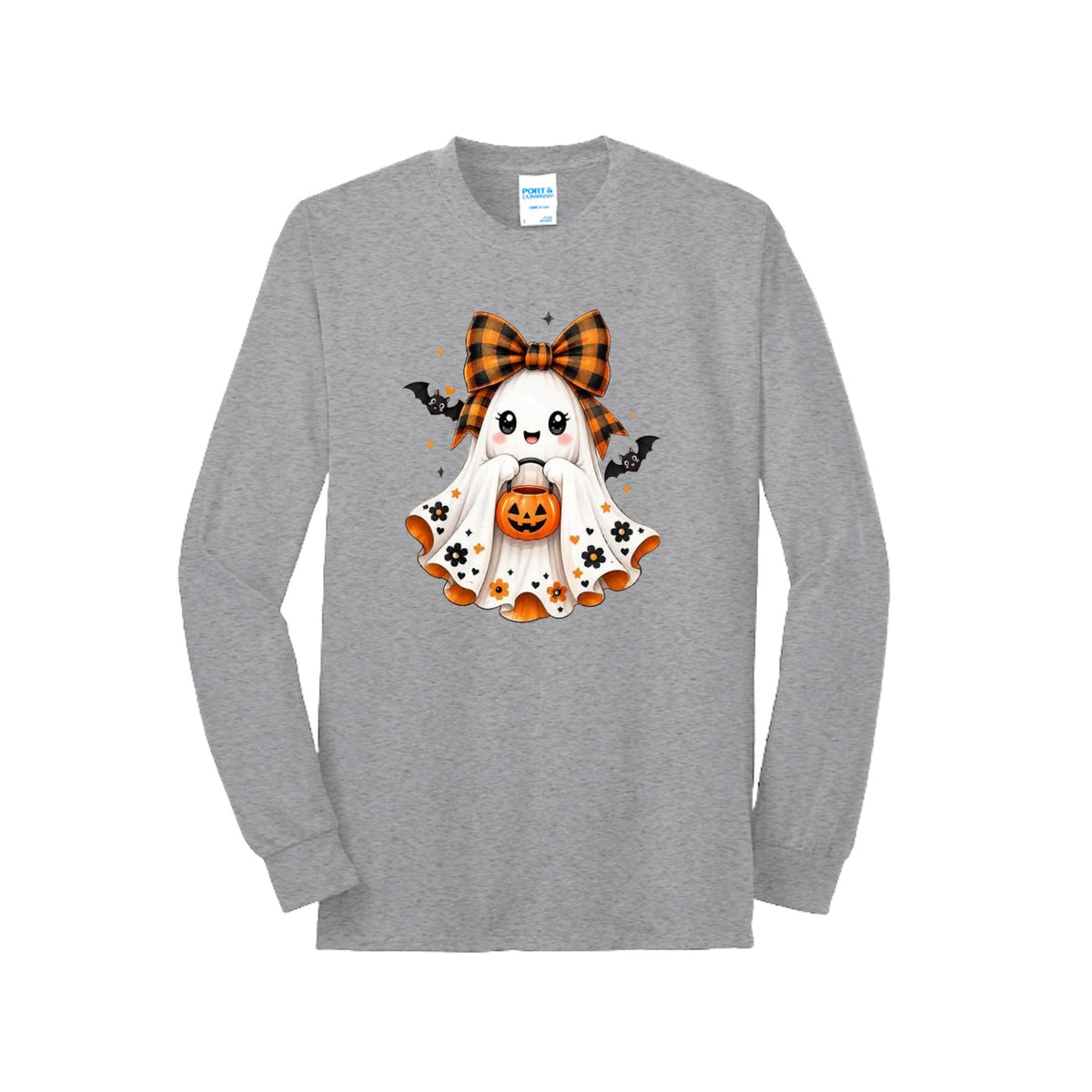 Front view of a long-sleeve T-shirt showing a smiling ghost wearing an orange-and-black bow and holding a pumpkin bucket, with floral and bat accents.